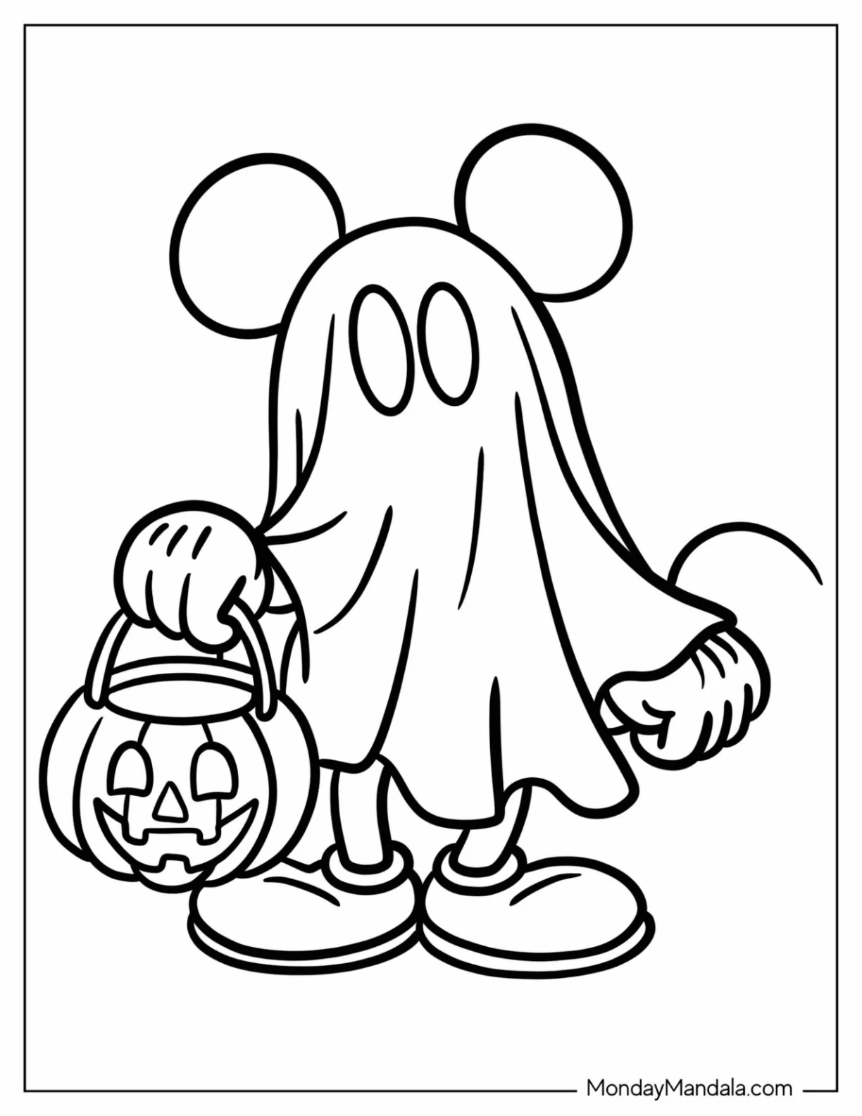 Disney Halloween Coloring Page of Easy Blanket Ghost Mickey Mouse with Candy Bag for Preschoolers coloring page