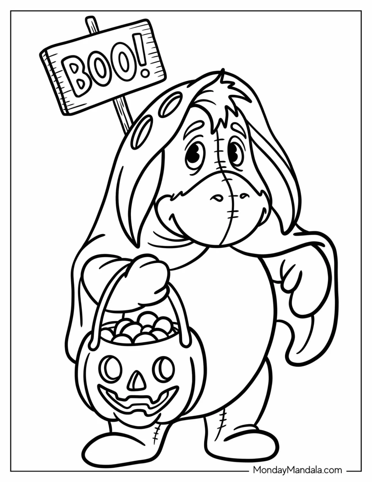Disney Halloween Coloring Page of Eeyore in Cape with Boo Sign and Candy Bag for Kids coloring page