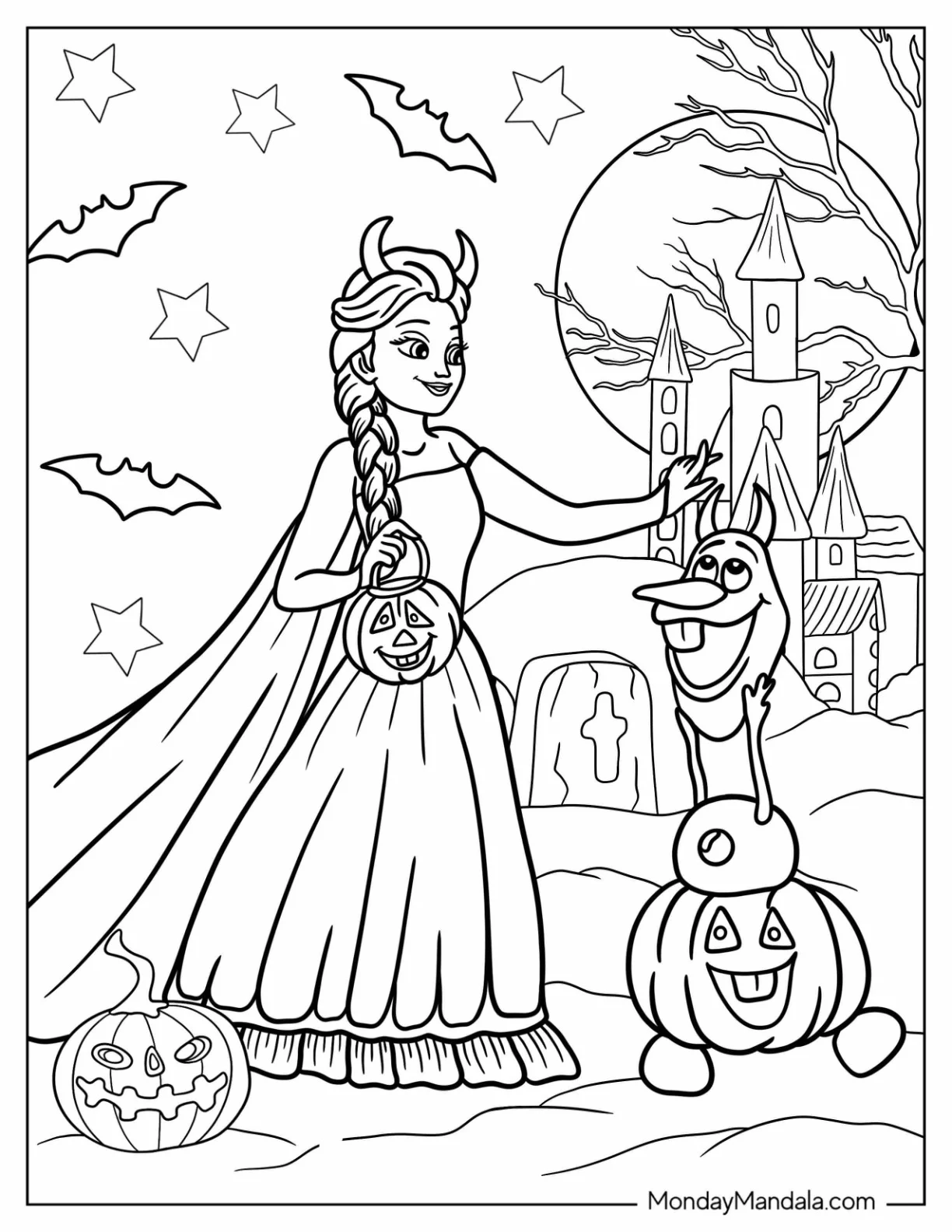 Disney Halloween Coloring Page Of Elsa And Olaf Wearing Devil Horns coloring page