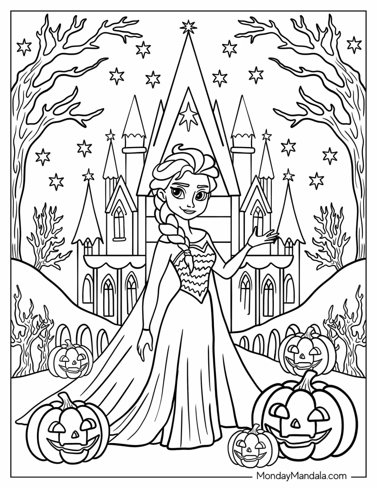 Disney Halloween Coloring Page of Elsa Outside Her Castle with Jack O Lanterns coloring page