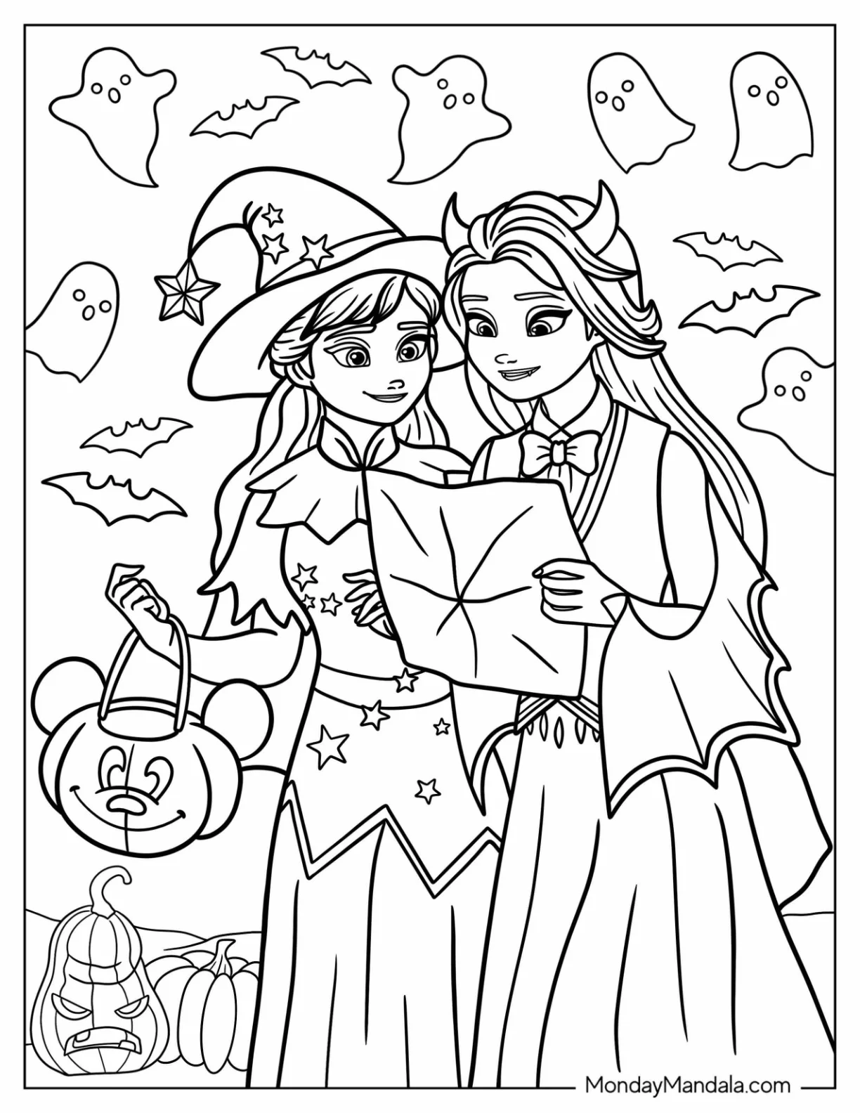 Disney Halloween Coloring Page Of Frozen Elsa And Anna Halloween Scavenger Hunt coloring page — printable line art