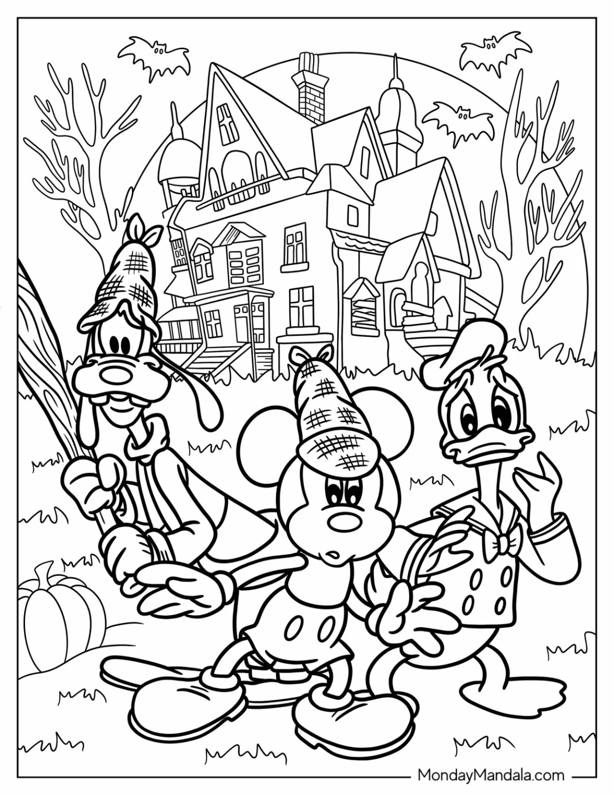 Disney Halloween Coloring Page Of Ghost Hunters Mickey Mouse, Goofy, And Donald Duck In Front Of Haunted House coloring page — printable line art