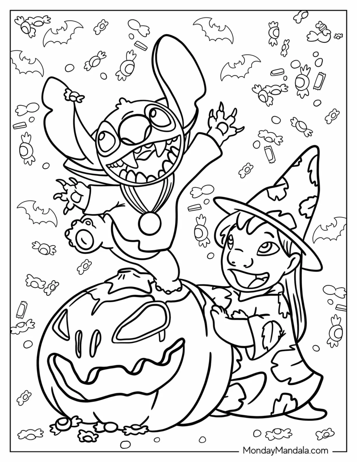 Disney Halloween Coloring Page Of Lilo And Stitch Wearing Witch s Hat With Jack O Lantern coloring page
