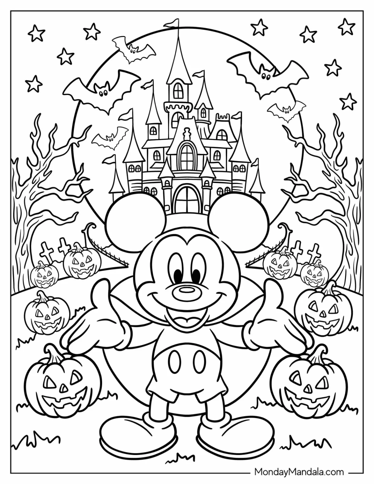 Disney Halloween Coloring Page of Mickey Mouse in Front of Haunted Castle with Jack Lanterns coloring page