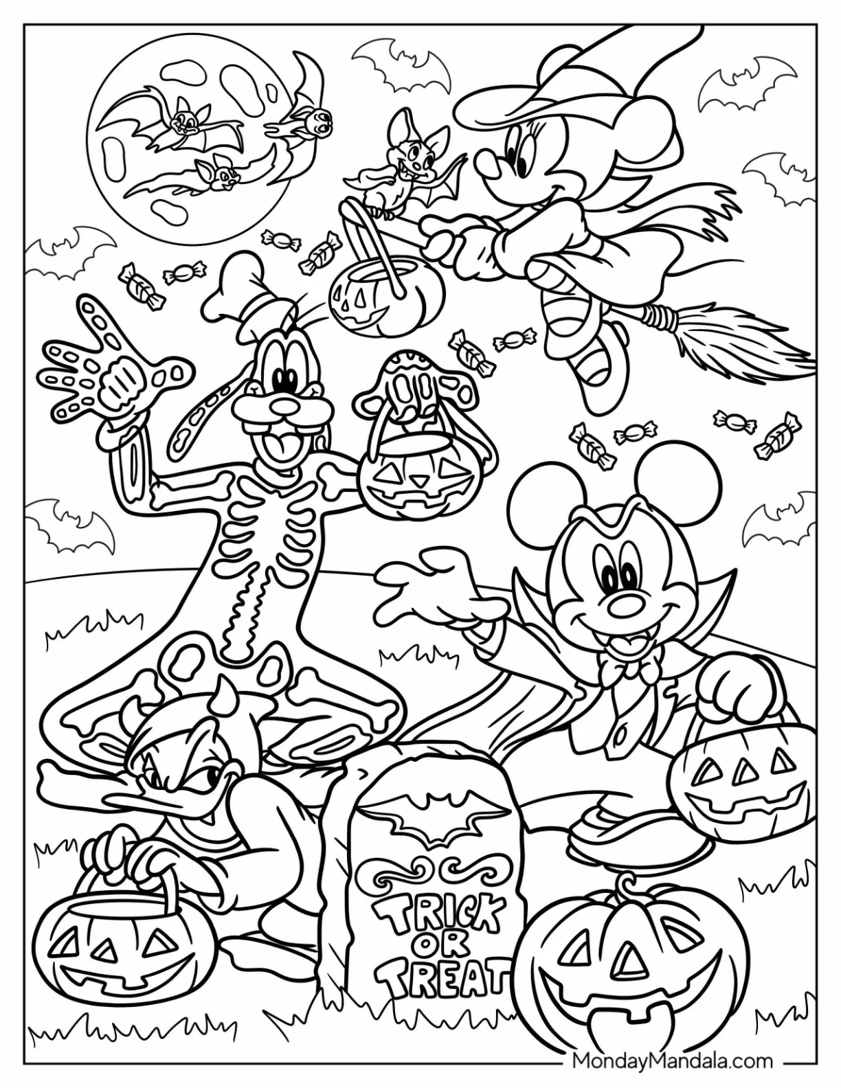 Disney Halloween Coloring Page Of Mickey Mouse, Minnie Mouse, And Goofy In Costumes coloring page — printable line art