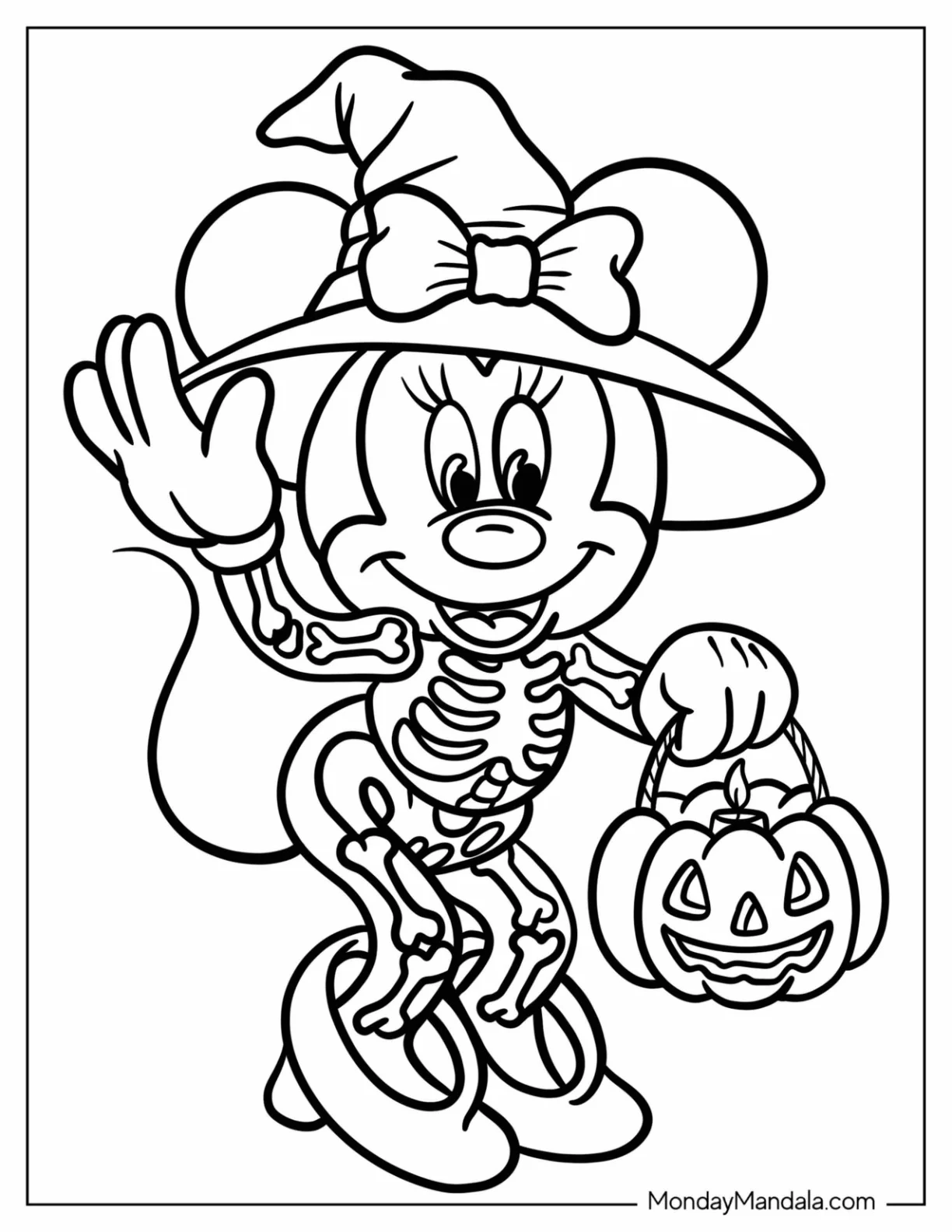 Disney Halloween Coloring Page of Minnie Mouse in Skeleton Costume with Witch Hat and Candy Bag for Kids coloring page — printable line art