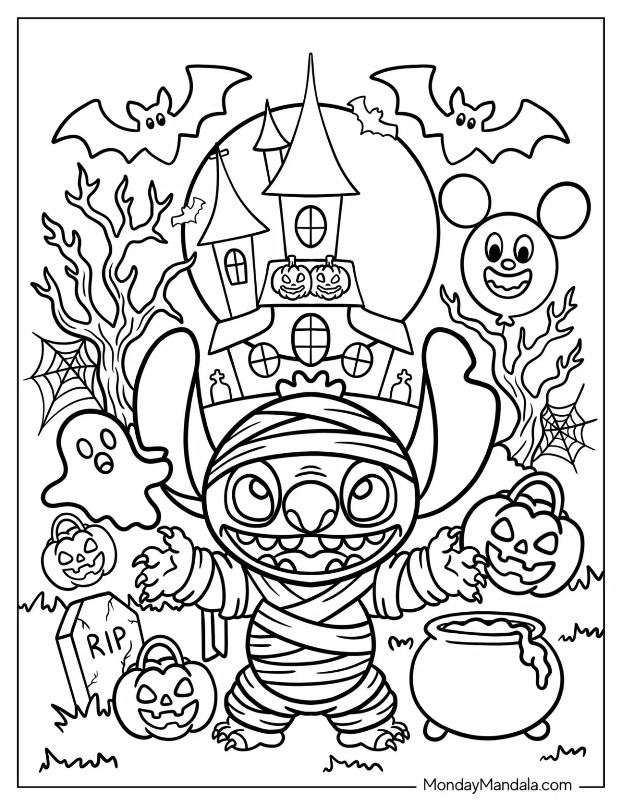 Disney Halloween Coloring Page of Mummy Stitch with Ghosts, Bats, Pumpkins, and Haunted Castle for Kids coloring page