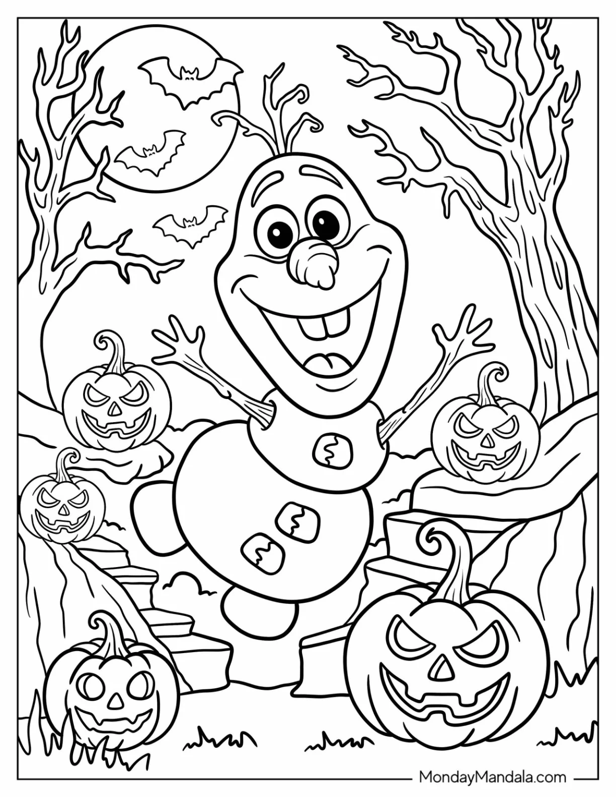 Disney Halloween Coloring Page of Olaf Dancing in Forest with Jack O Lanterns coloring page