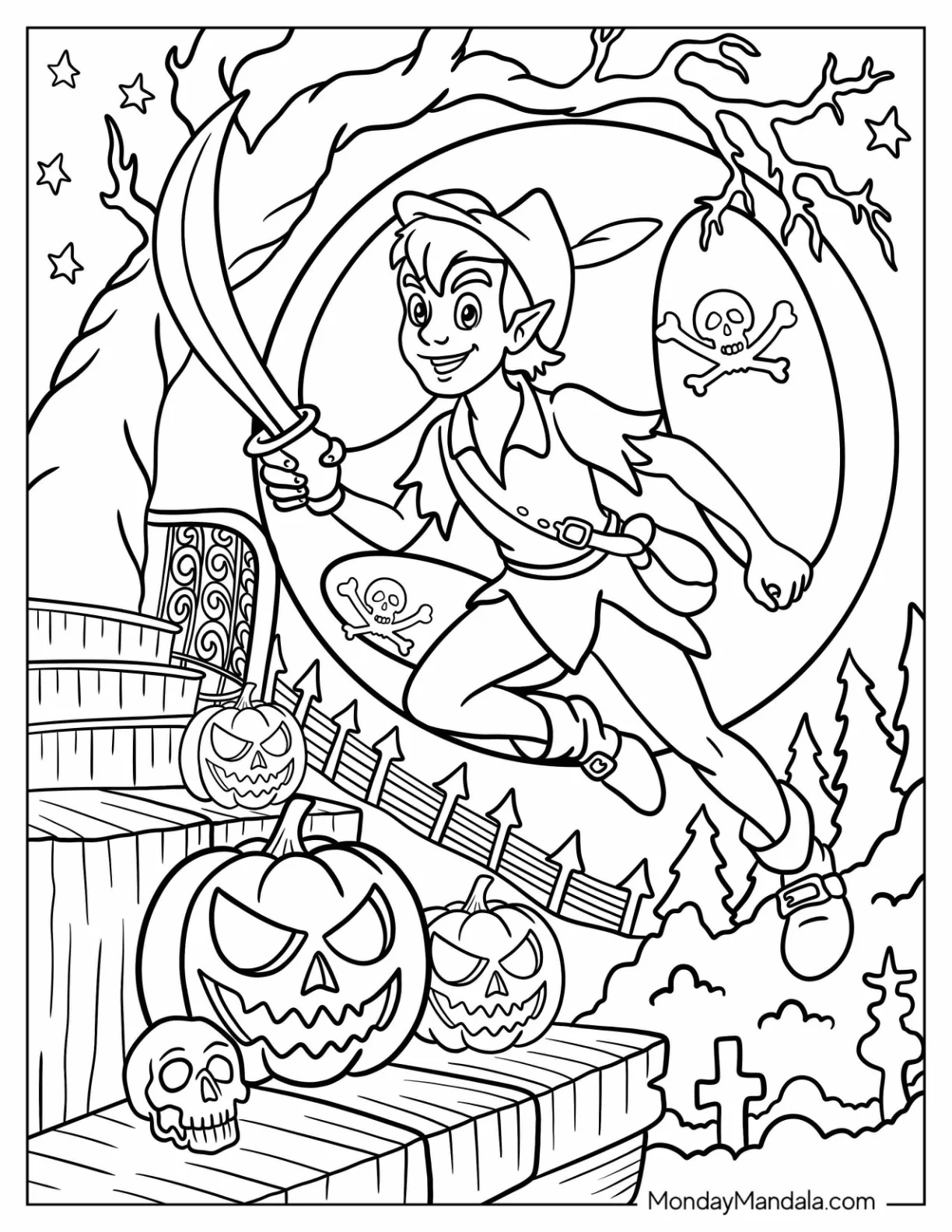 Disney Halloween Coloring Page of Peter Pan Flying with Pirate Sword at Night coloring page