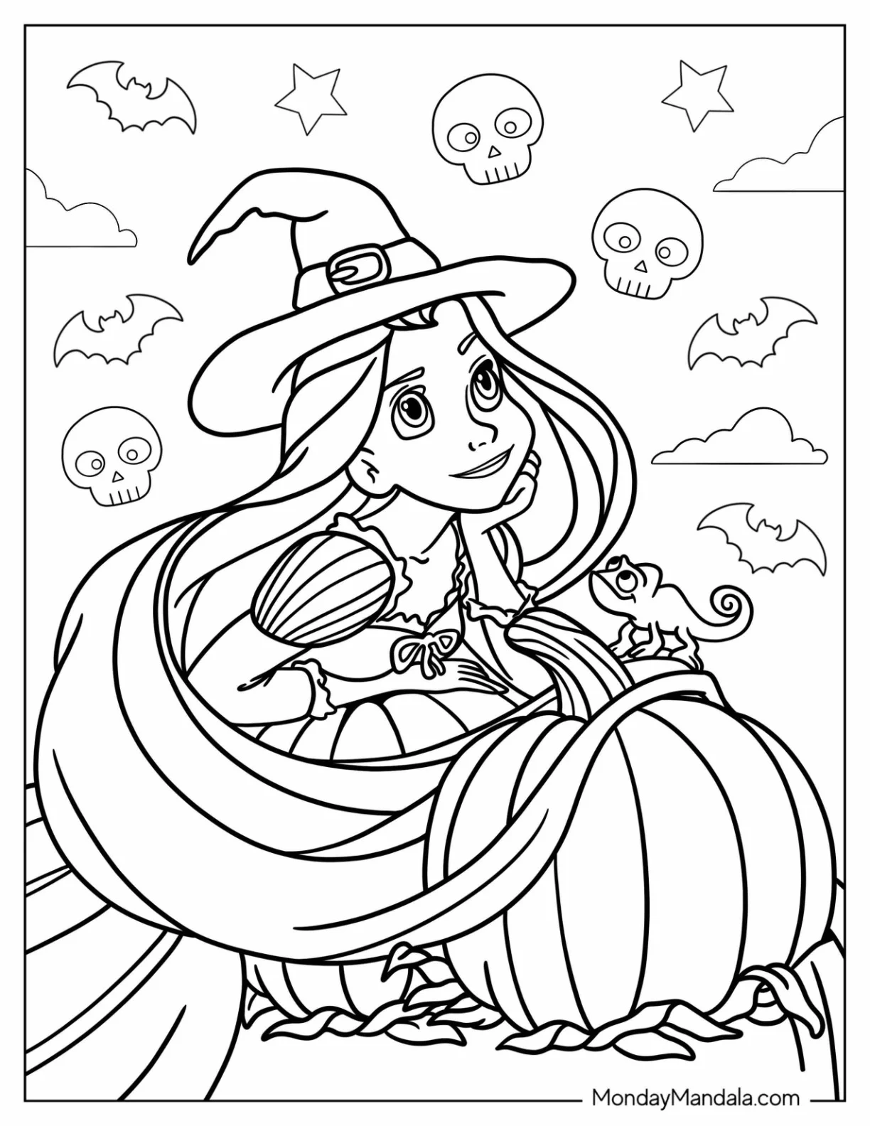 Disney Halloween Coloring Page Of Rapunzel Wearing Witch s Hat With Paco Holding Pumpkins coloring page — printable line art