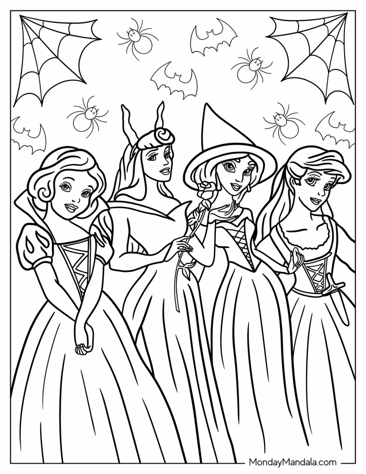 Disney Halloween Coloring Page Of Snow White, Aurora, Jasmine, And Ariel On Halloween coloring page — printable line art