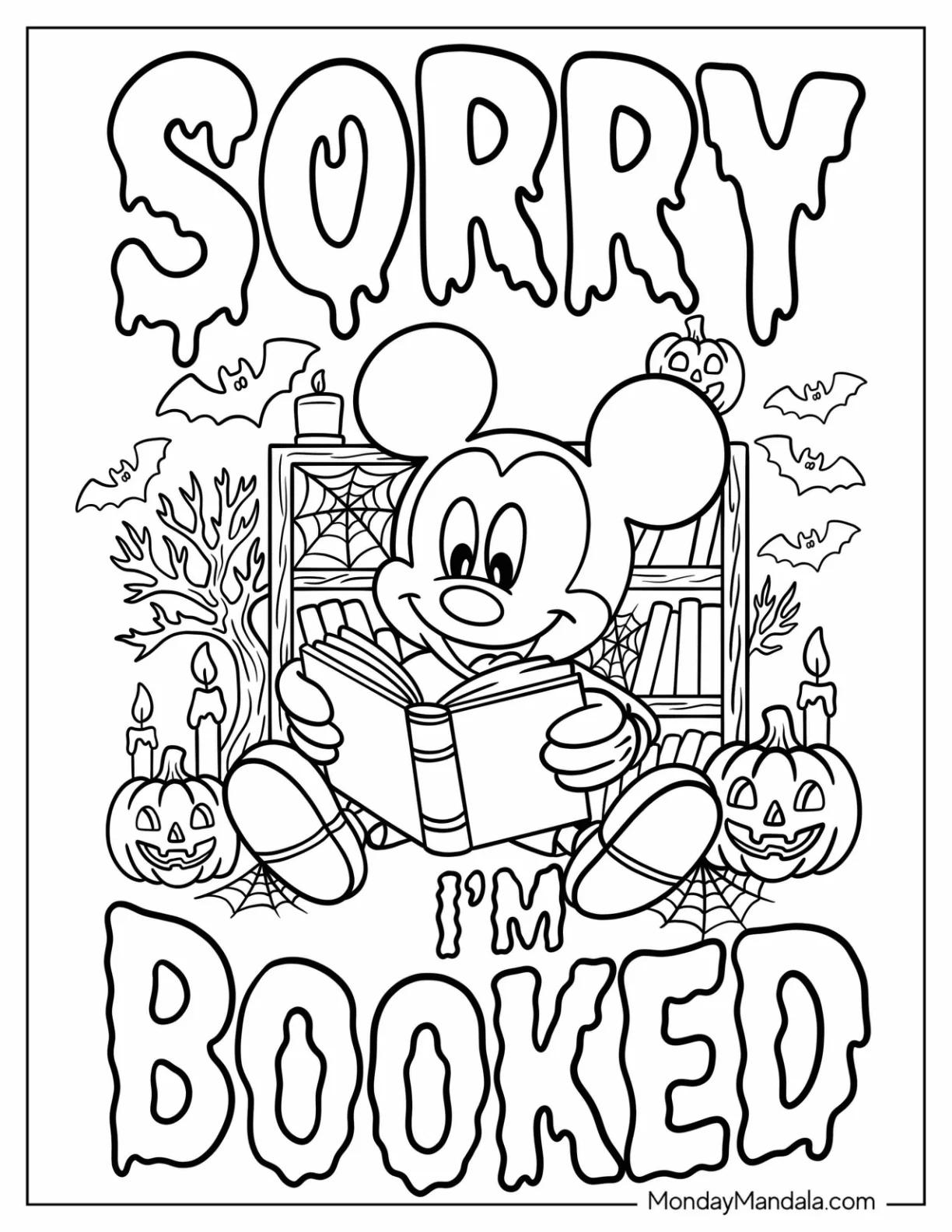 Disney Halloween Coloring Page of Sorry I m Booked Text with Mickey Mouse Reading Horror Story in Halloween coloring page — printable line art