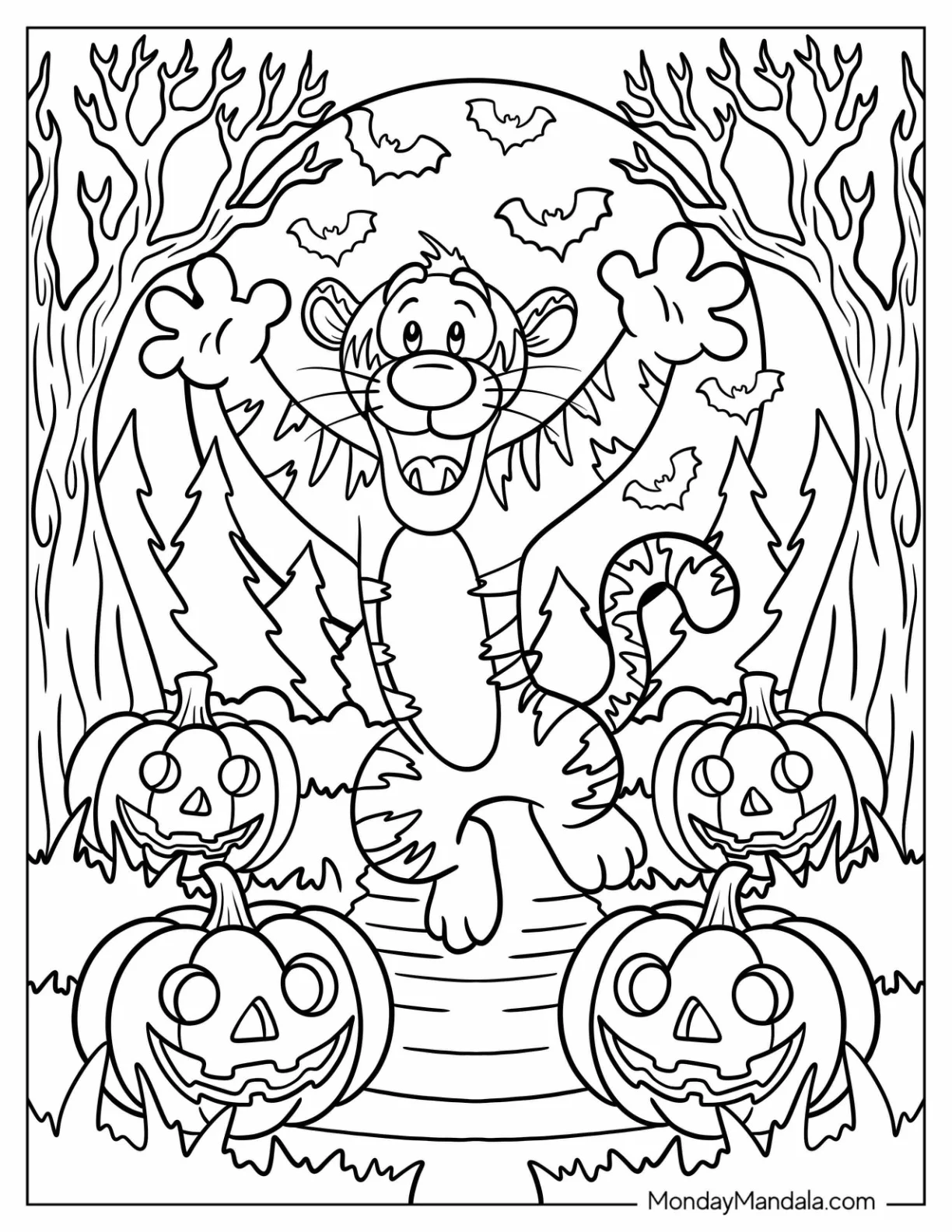 Disney Halloween Coloring Page of Tiger Skipping on Road with Jack O Lanterns Disney Halloween coloring page