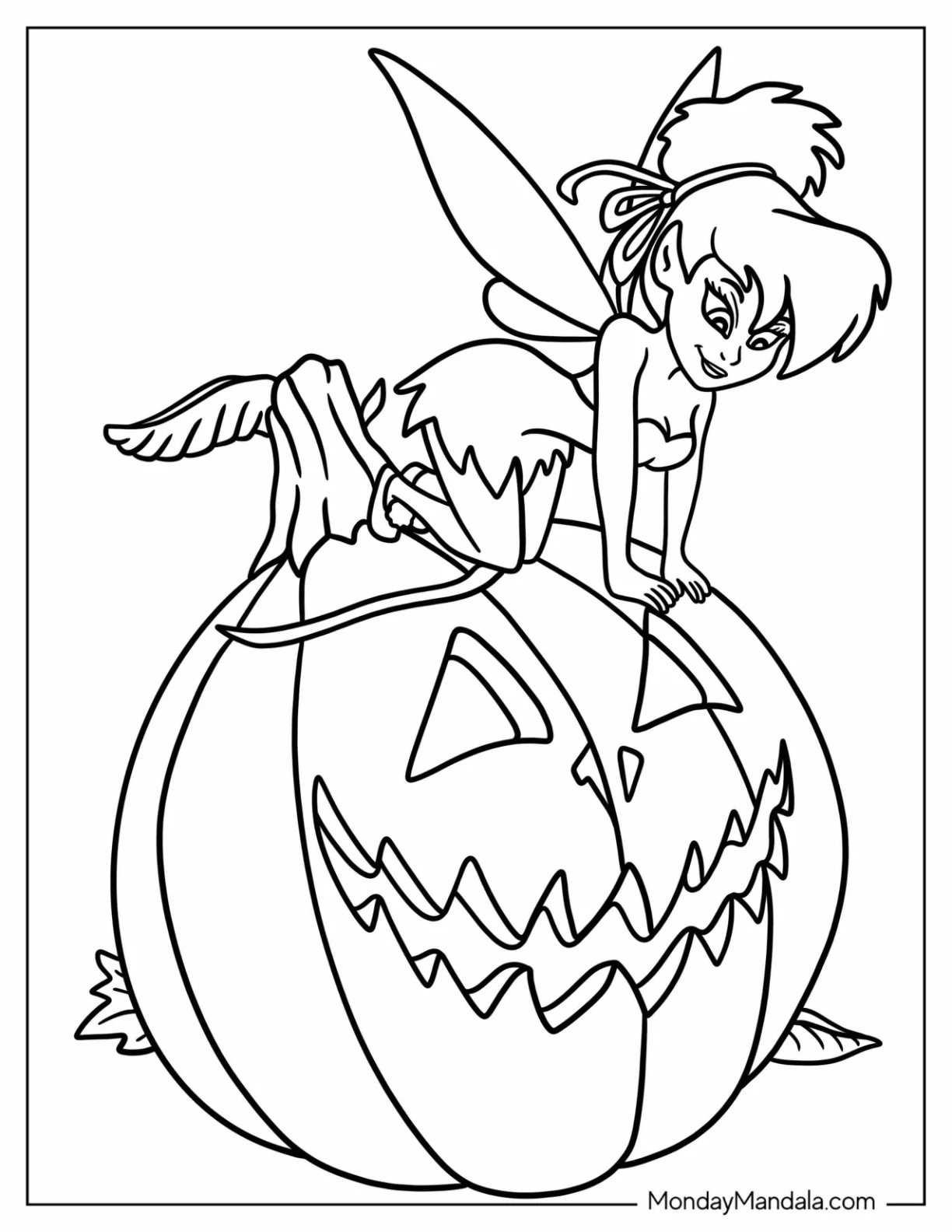 Disney Halloween Coloring Page Of Tinker Bell Sitting On Jack O Lantern coloring page