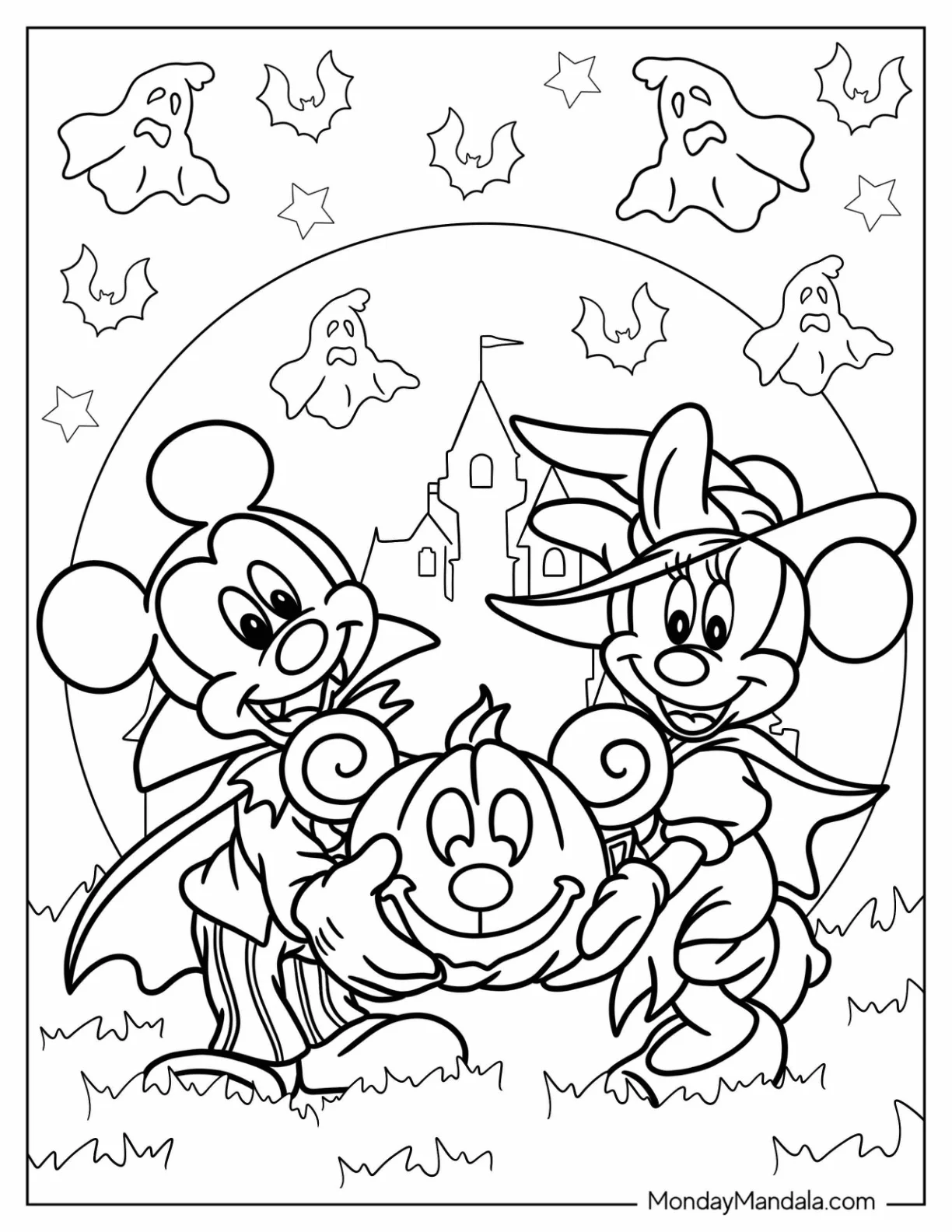 Disney Halloween Coloring Page Of Vampire Mickey Mouse And Witch Minnie Mouse Holding Jack O Lantern coloring page — printable line art