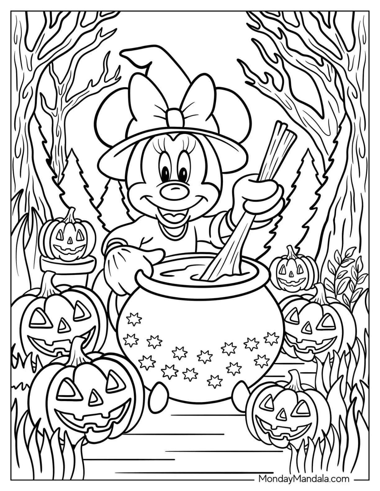 Disney Halloween Coloring Page of Witch Minnie Mouse Stirring a Cauldron in a Haunted Forest coloring page
