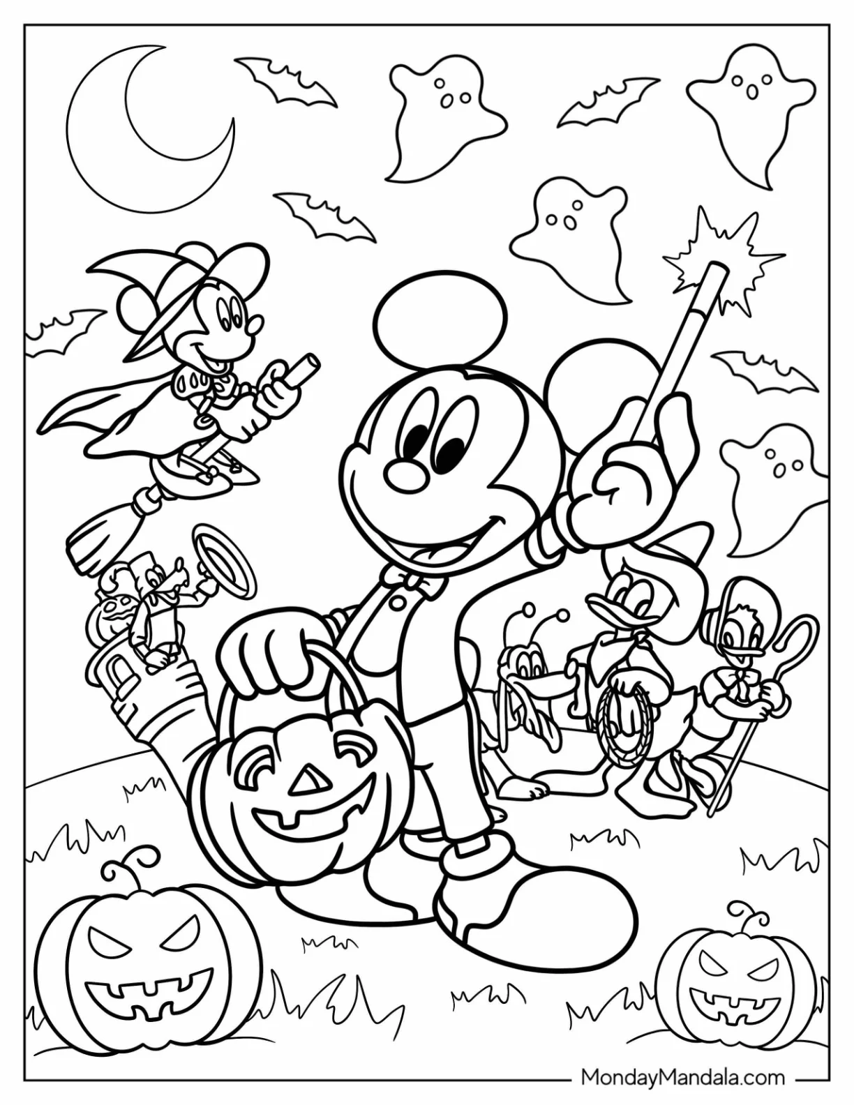 Disney Halloween Coloring Page Of Wizard Mickey Mouse And Friends In Costumes coloring page