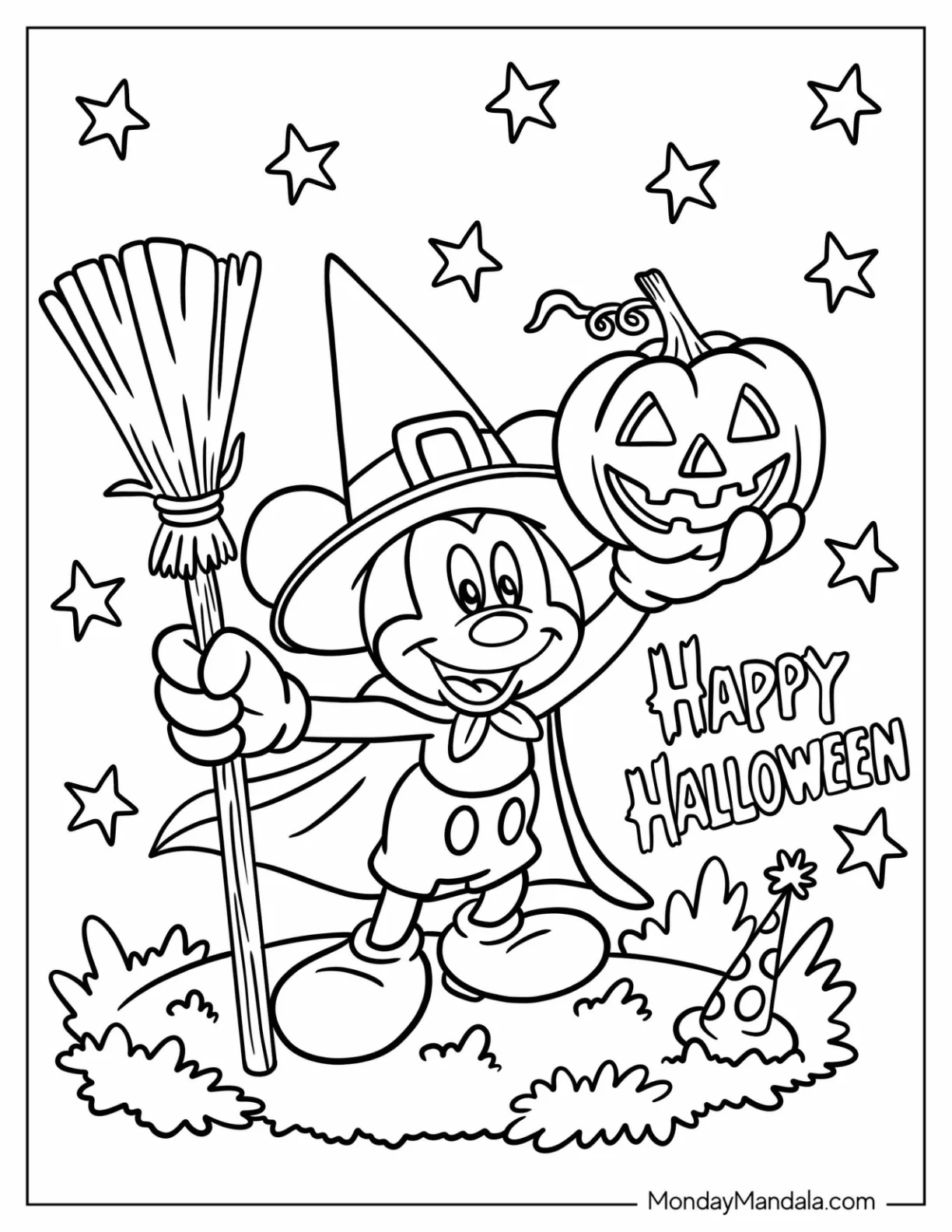 Disney Halloween Coloring Page of Wizard Mickey Mouse Holding Broom and Jack O Lantern Disney Halloween for Kids coloring page