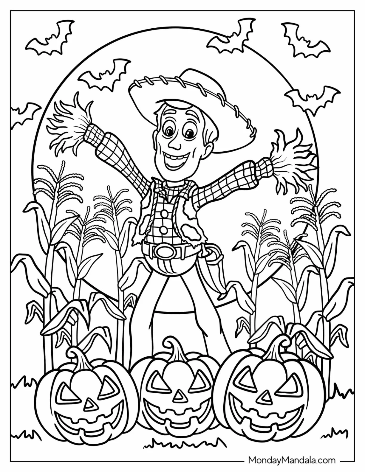 Disney Halloween Coloring Page of Woody in Spooky Farm with Full Moon and Bats coloring page — printable line art