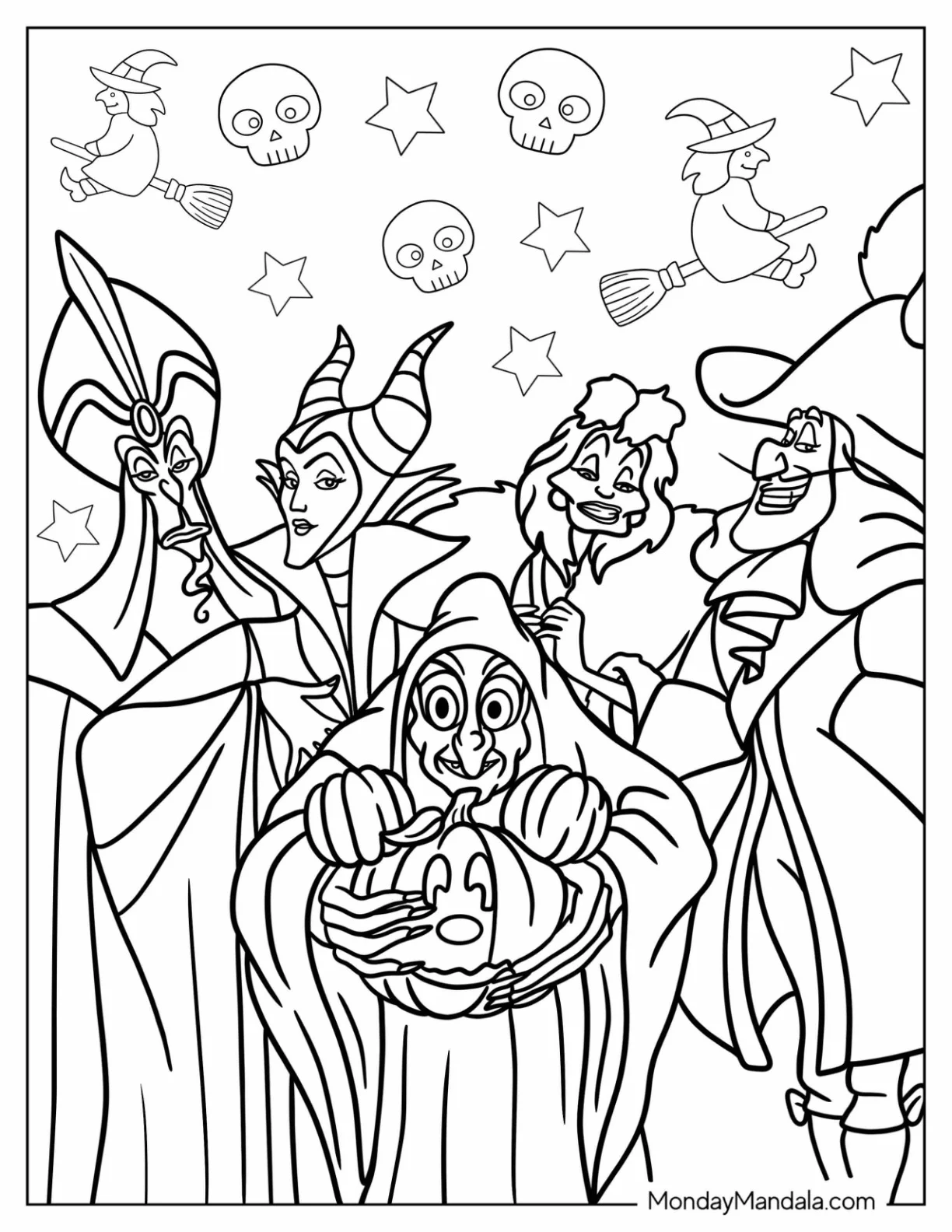 Jafar, Maleficent, Queen Grimhilde, Cruella, And Captain James Hook Disney Halloween Coloring Page coloring page — printable line art