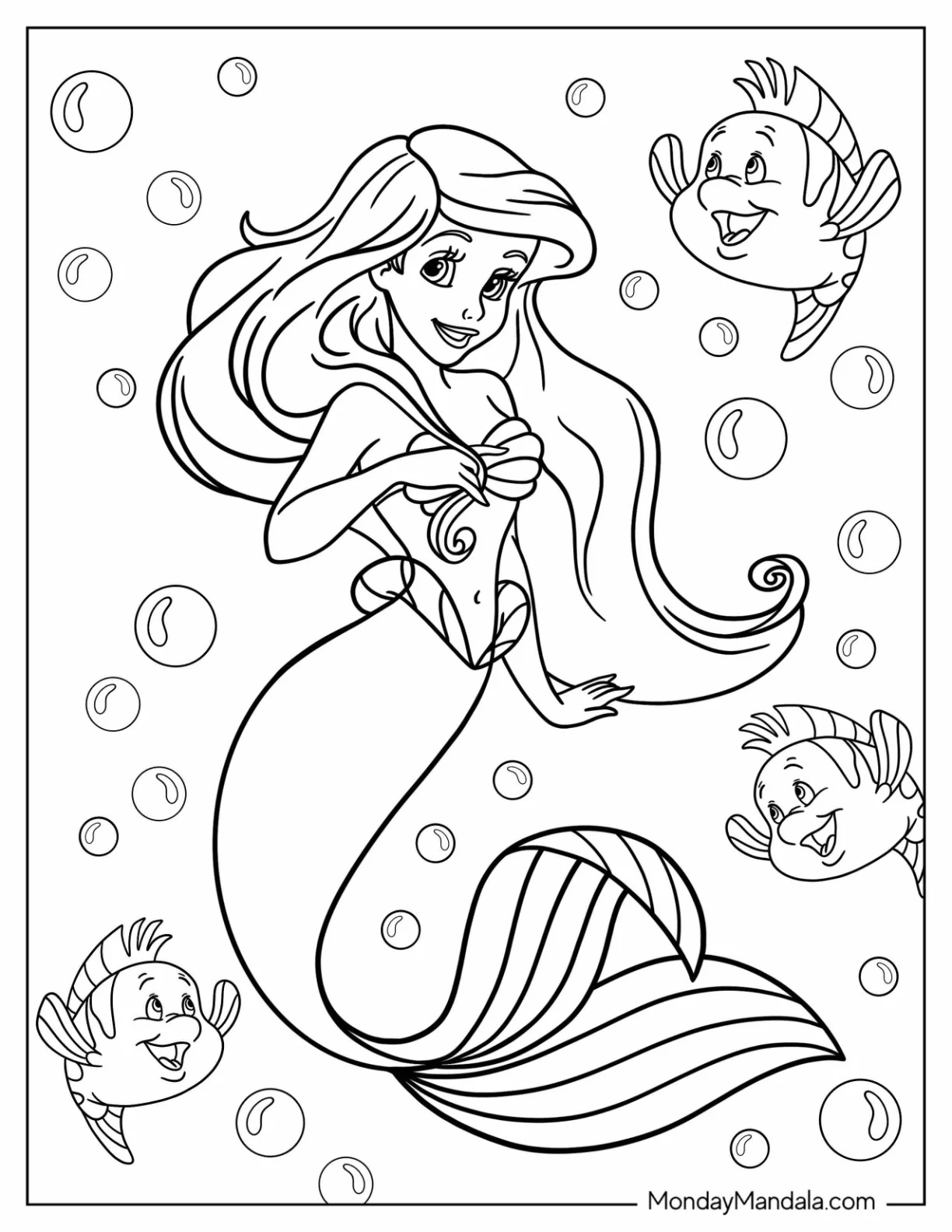 Disney Princess Coloring Page Of Ariel In The Sea With Flounders coloring page