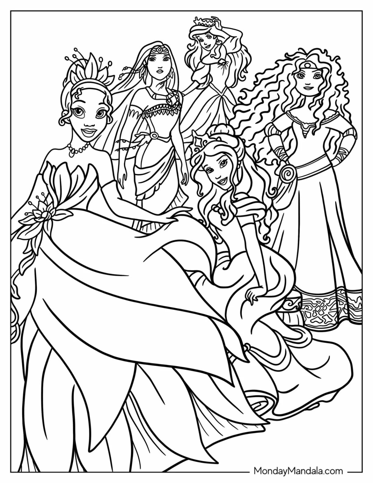 Disney Princess Coloring Page Of Ariel, Pocahontas, Tiana, Bell, And Merida coloring page