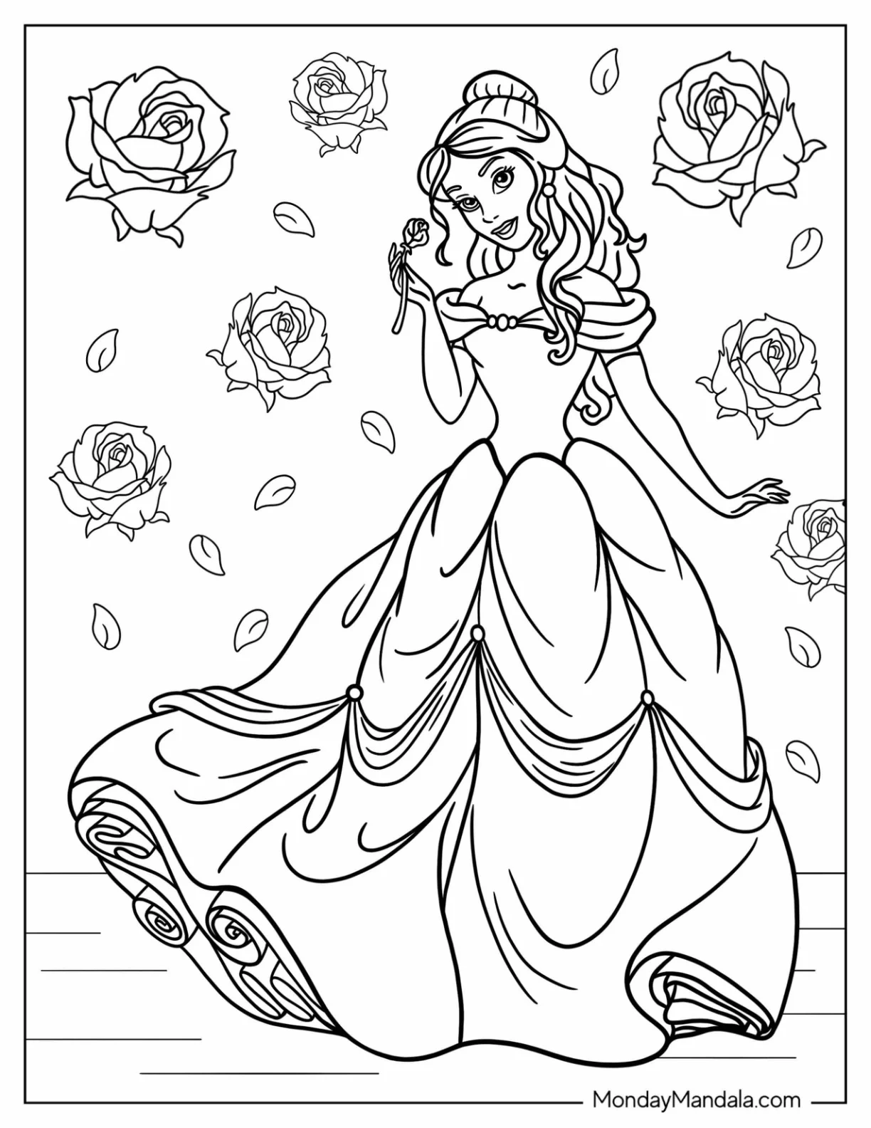 Disney Princess Coloring Page Of Belle Holding Rose coloring page