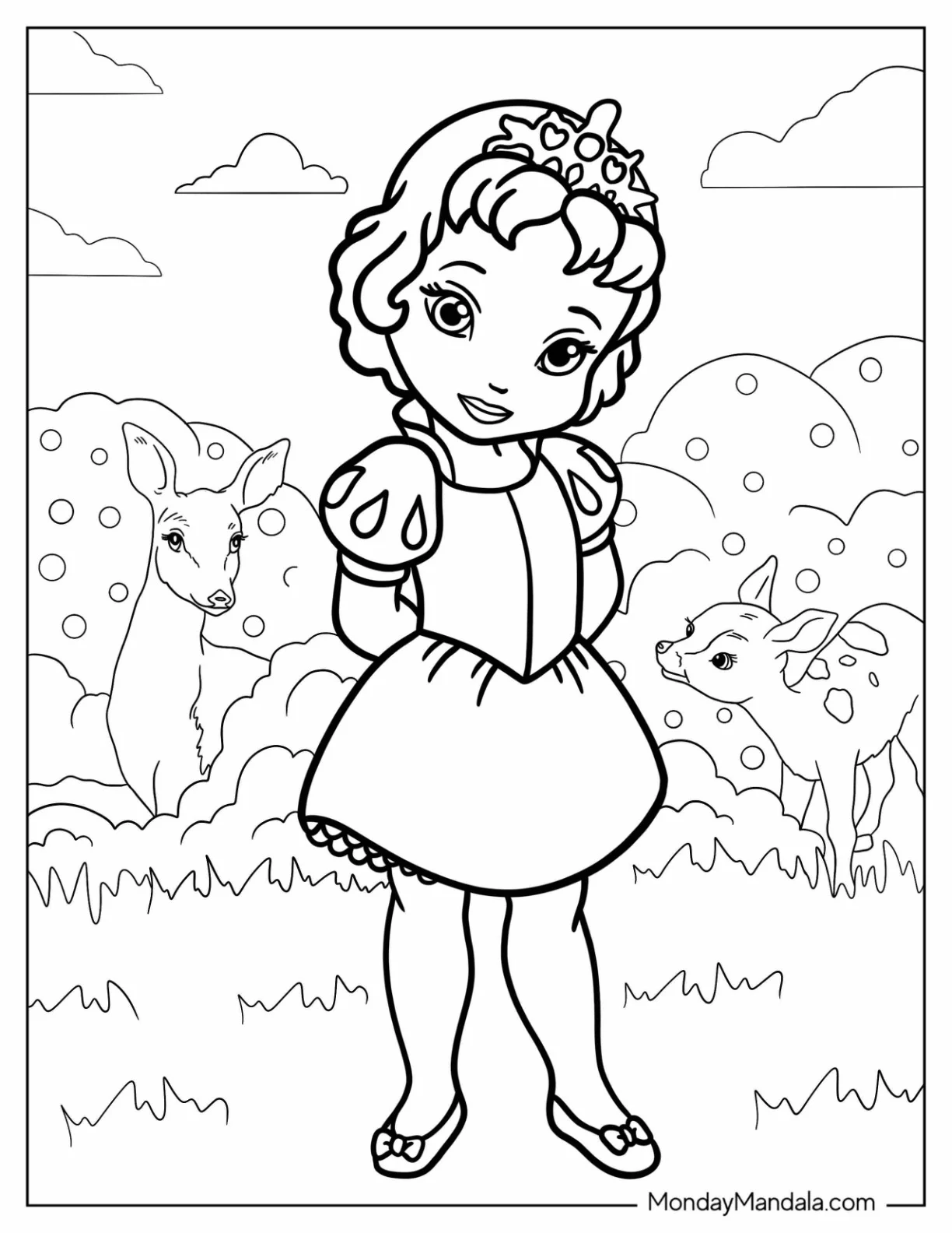 Disney Princess Coloring Page Of Chibi Snow White With Animal Friends coloring page
