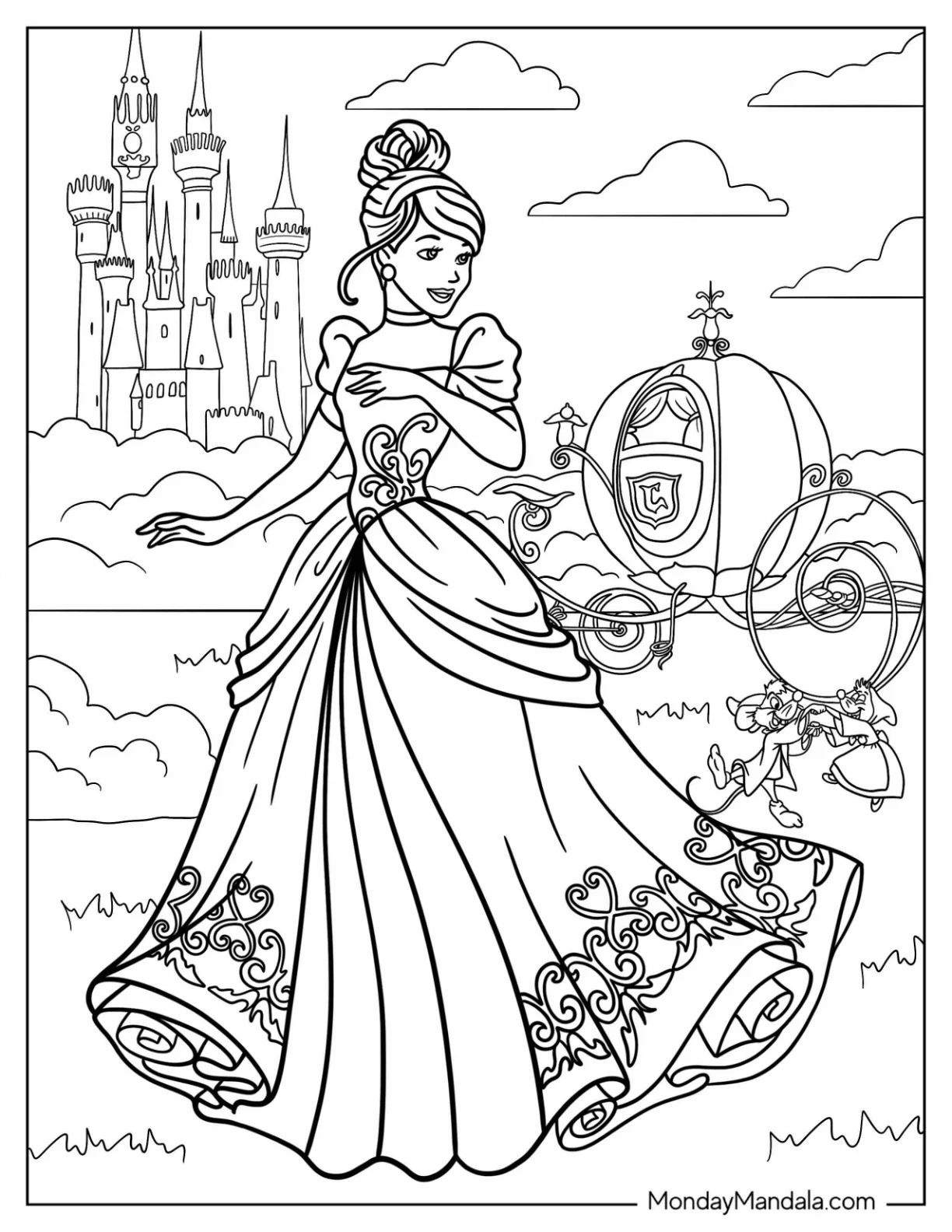 Disney Princess Coloring Page Of Detailed Cinderella With Pumpkin Carriage coloring page