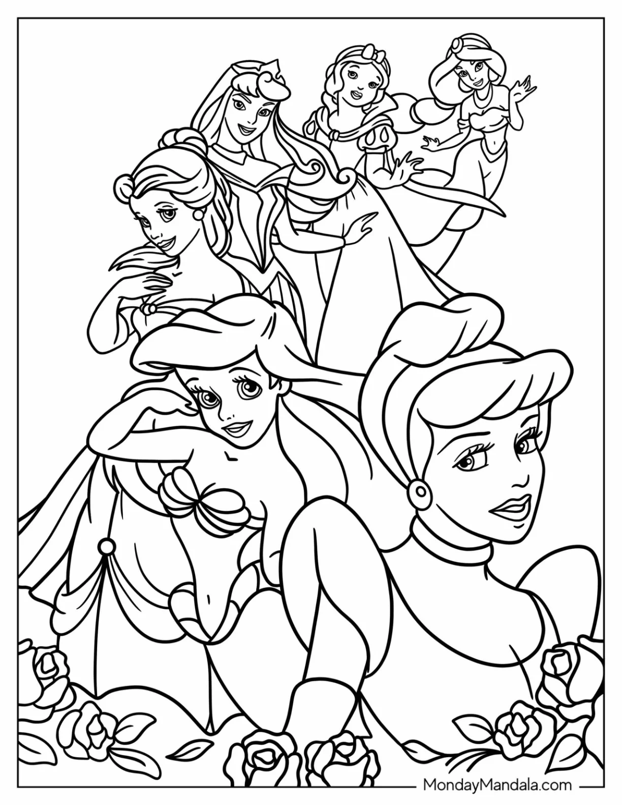 Disney Princess Coloring Page Of Jasmine, Snow White, Belle, Aurora, Ariel, And Cinderella coloring page