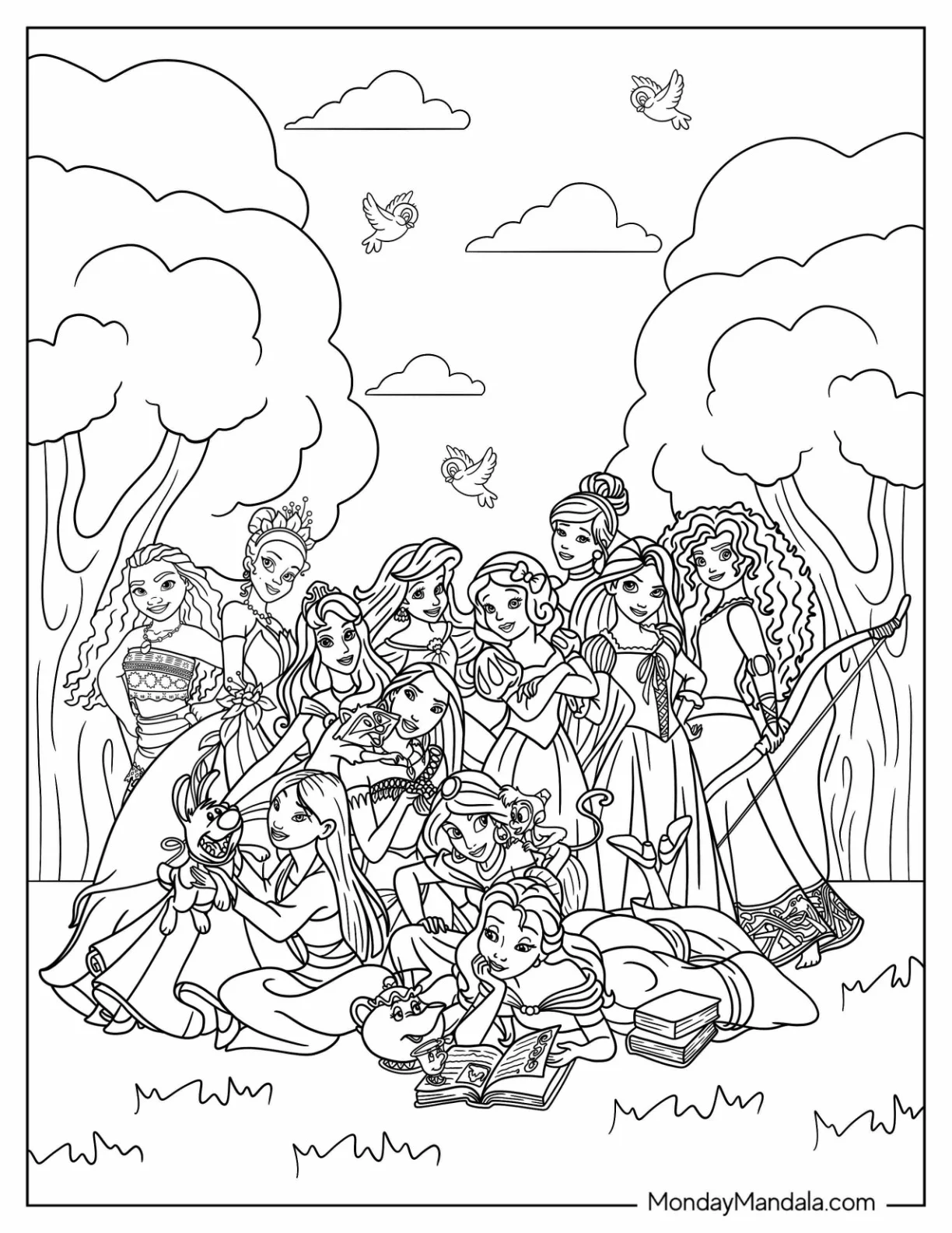 Disney Princess Coloring Page Of Moana, Aurora, Tiana, Ariel, Mulan, Pocahontas, Cinderella, Merida, Jasmine, And Snow White coloring page