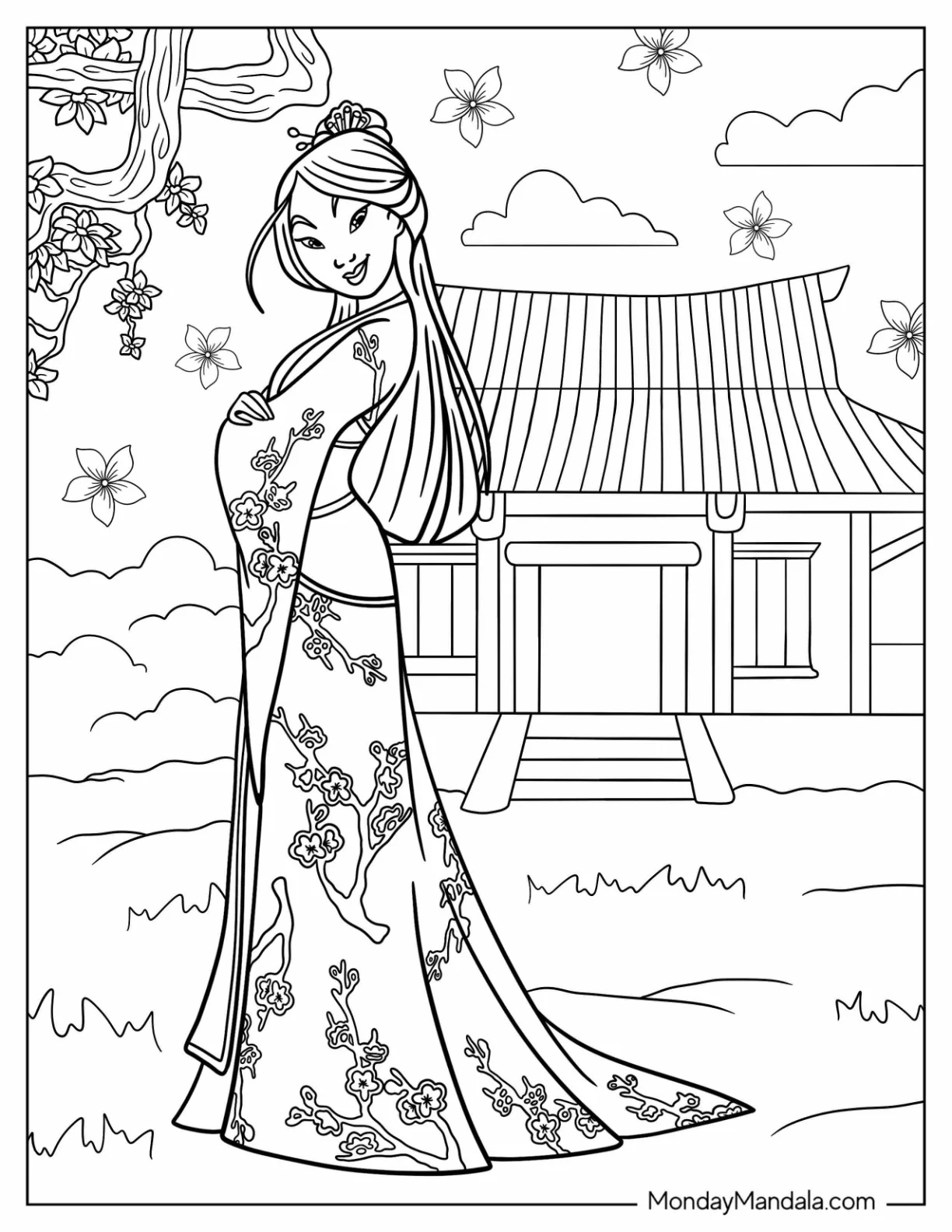 Disney Princess Coloring Page Of Mulan In Her Garden coloring page