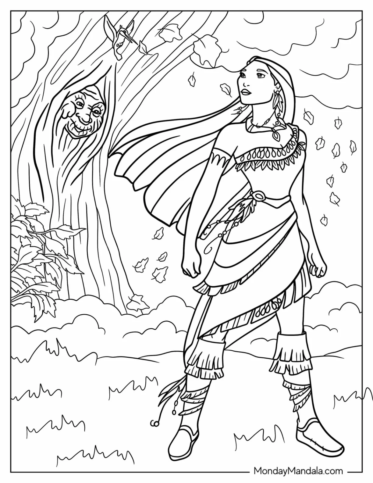 Disney Princess Coloring Page Of Pocahontas With Grandmother Willow coloring page