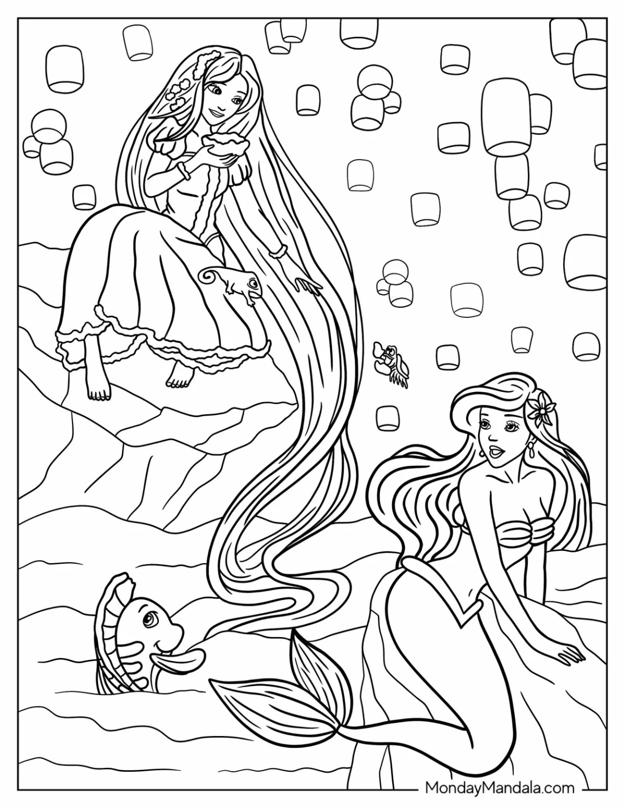 Disney Princess Coloring Page Of Rapunzel And Ariel coloring page