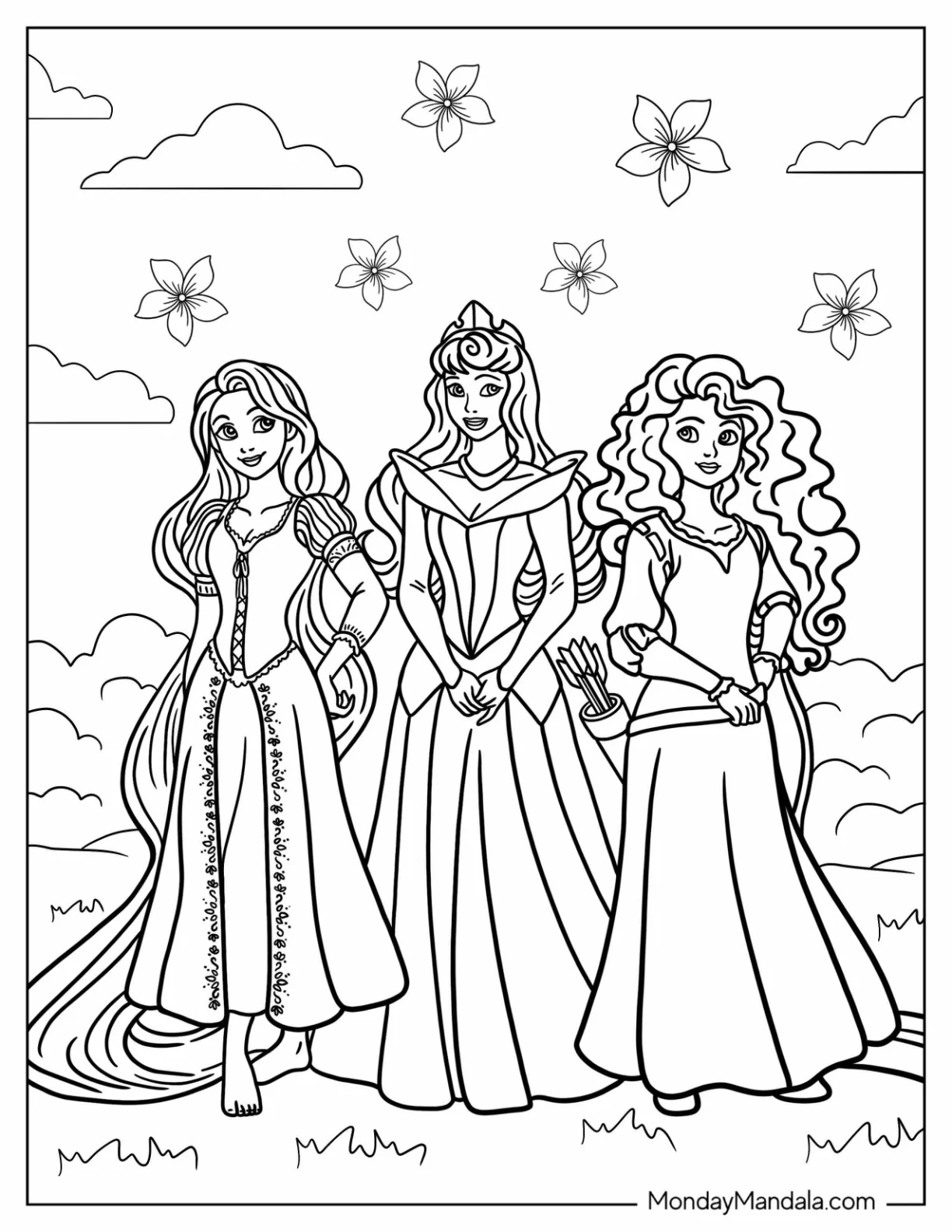 Disney Princess Coloring Page Of Rapunzel, Aurora, and Merida coloring page