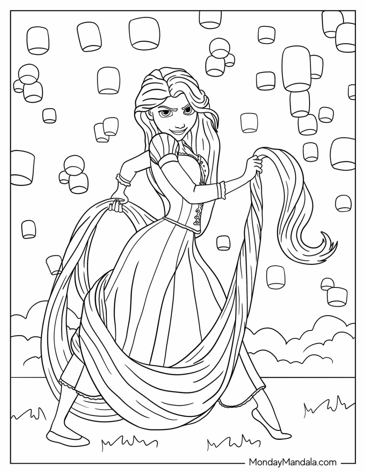Disney Princess Coloring Page Of Rapunzel In Iconic Pose coloring page