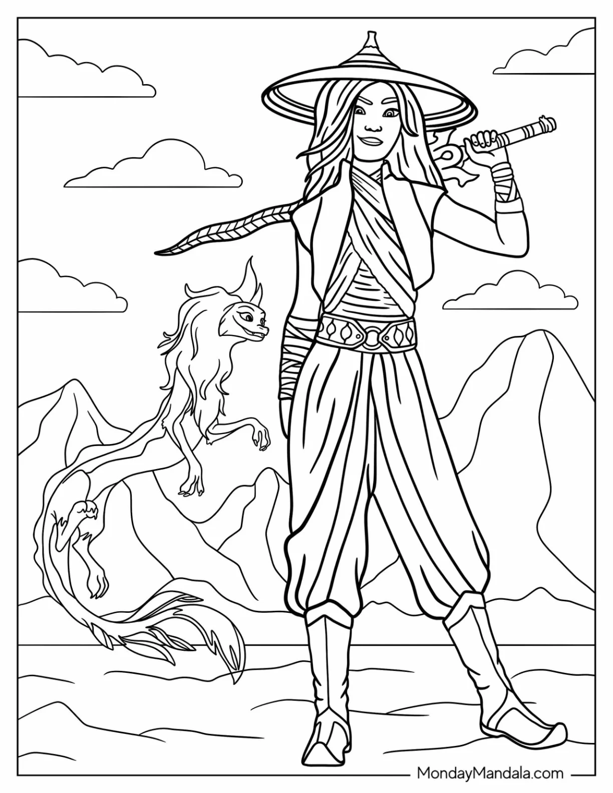 Disney Princess Coloring Page Of Raya With Sisu coloring page