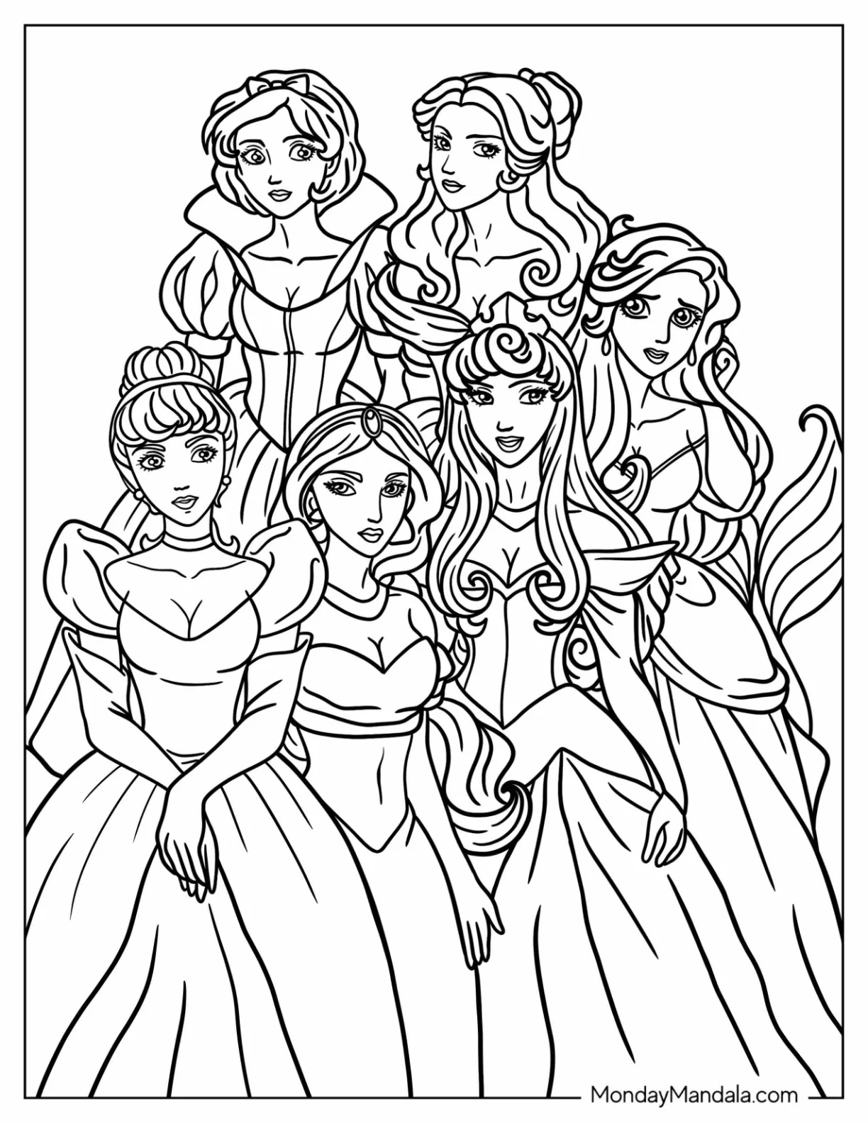 Disney Princess Coloring Page Of Realistic Snow White, Belle, Cinderella, Jasmine, Aurora, And Belle coloring page
