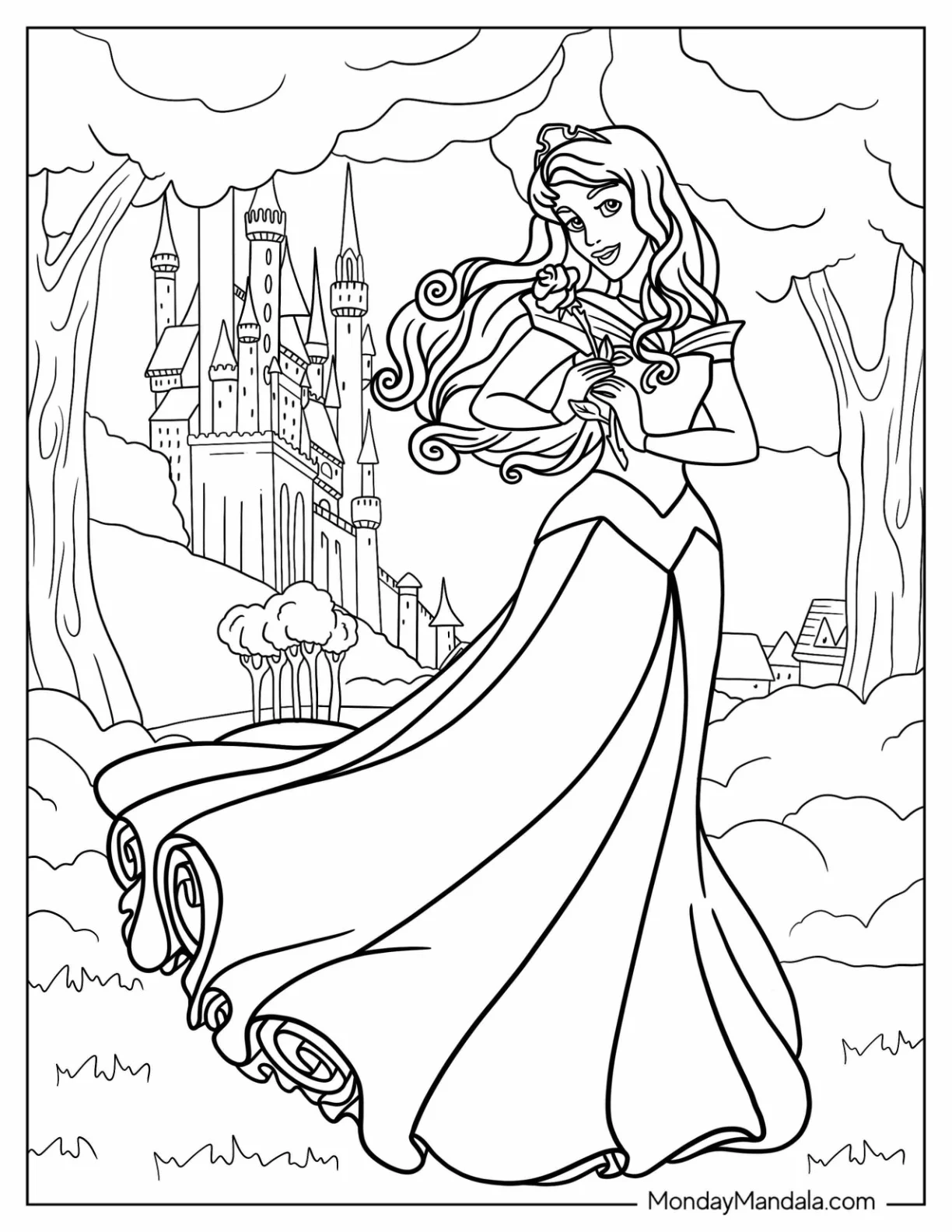 Disney Princess Coloring Page Of Sleeping Beauty Aurora In The Forest coloring page
