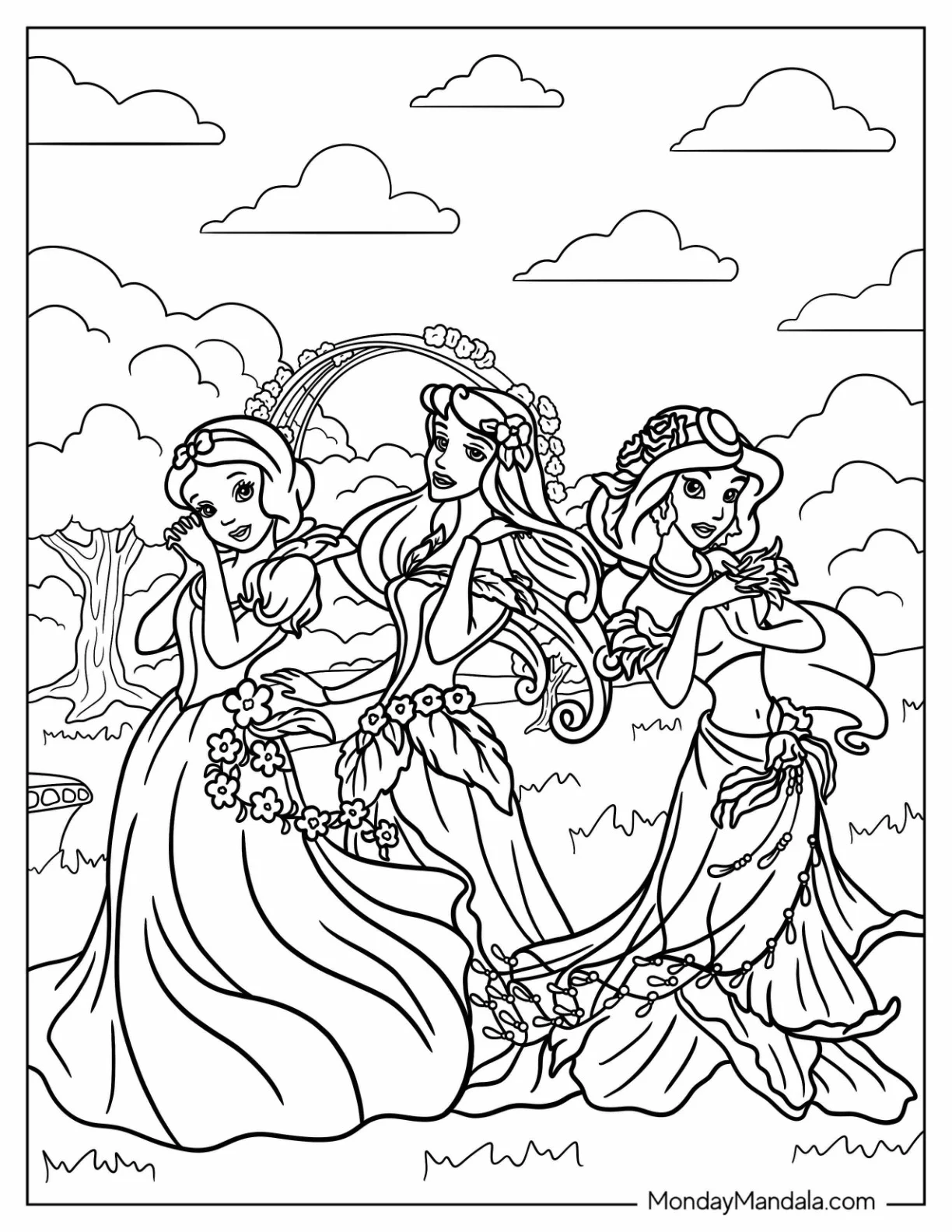 Disney Princess Coloring Page Of Snow White, Aurora, And Jasmine Surrounded With Flowers coloring page