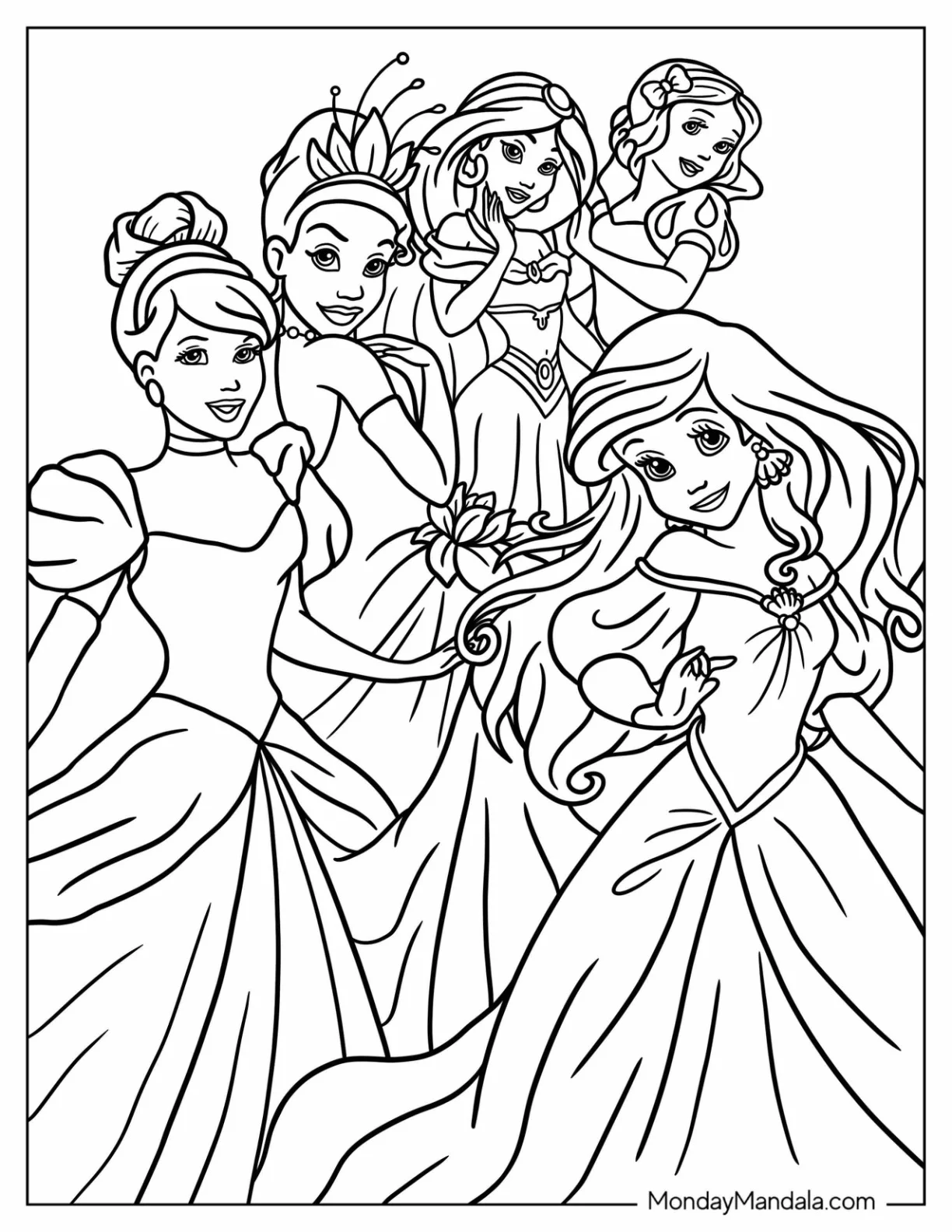 Disney Princess Coloring Page Of Snow White, Jasmine, Tiana, Cinderella, And Ariel coloring page