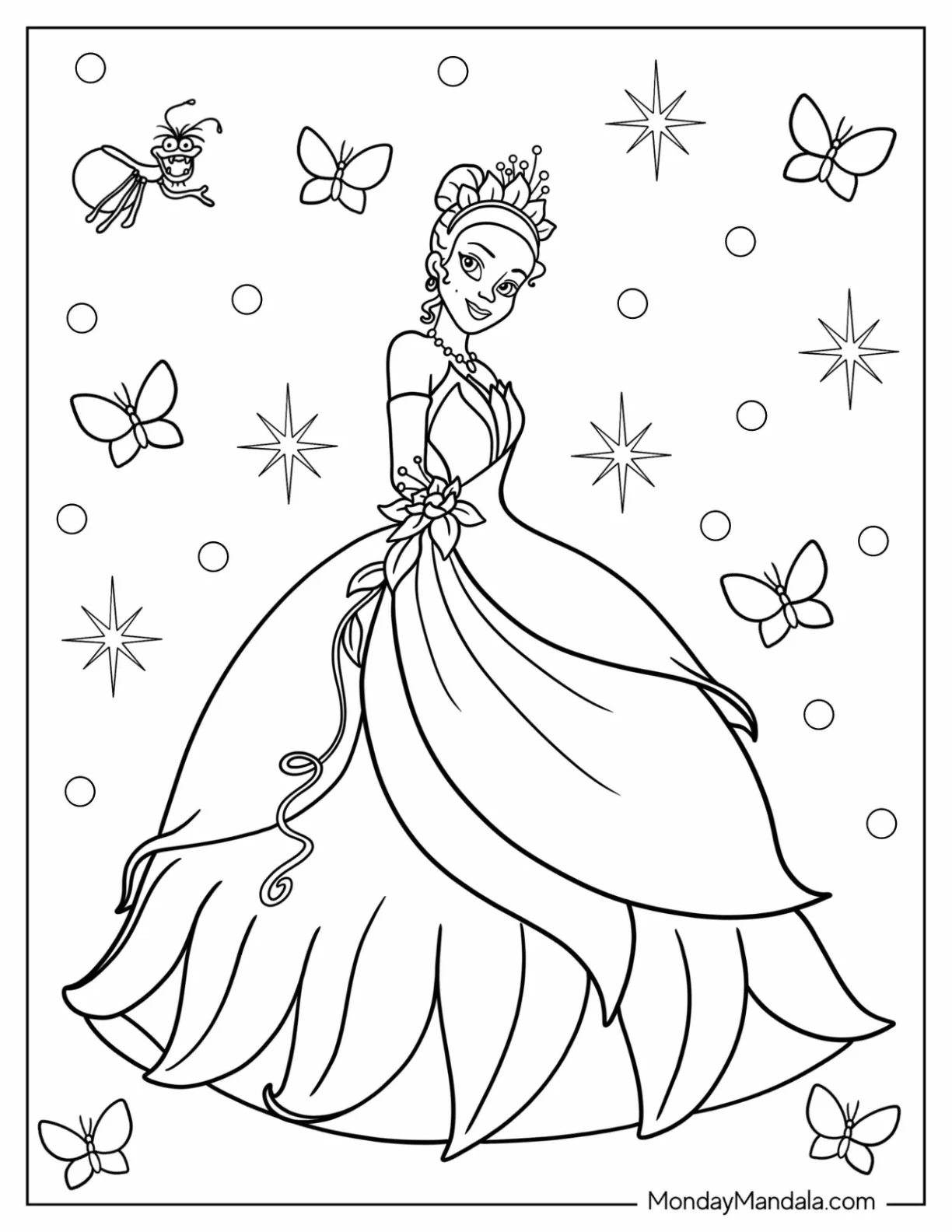 Disney Princess Coloring Page Of Tiana Surrounded By Insects coloring page
