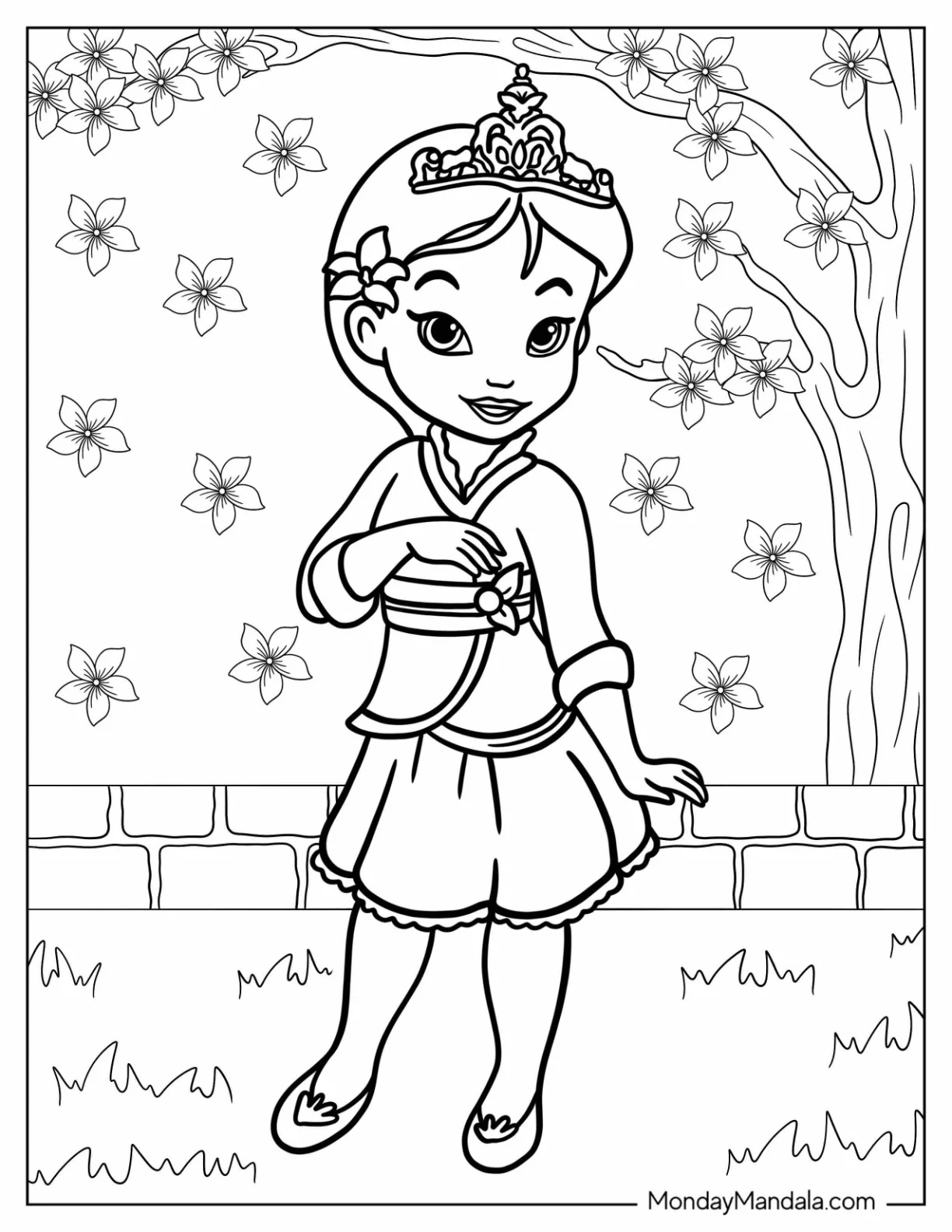 Disney Princess Coloring Page Of Young Mulan Under Cherry Blossom coloring page