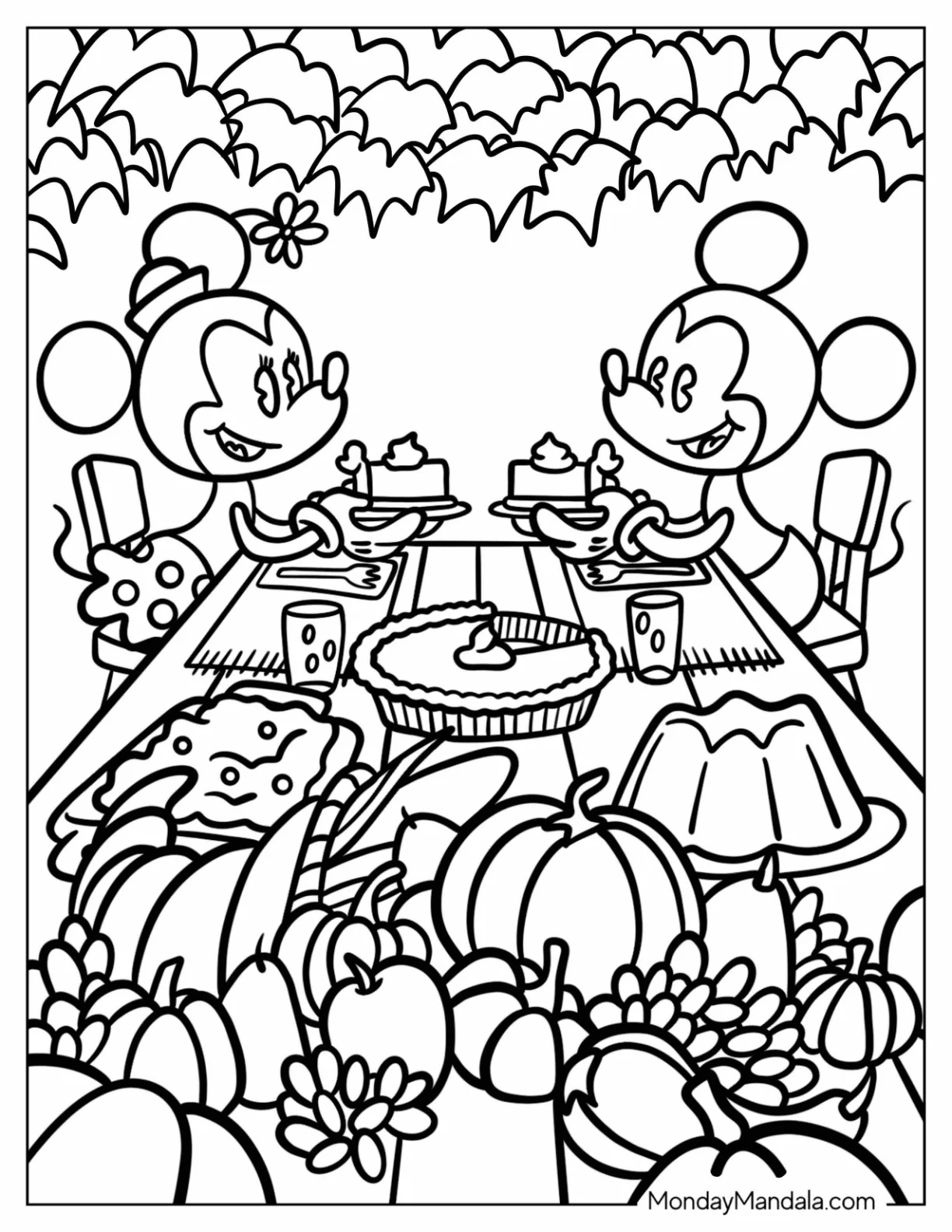 Adorable Mickey And Minnie Mouse Eating Disney Thanksgiving Coloring Page Dinner For Preschoolers coloring page — printable line art