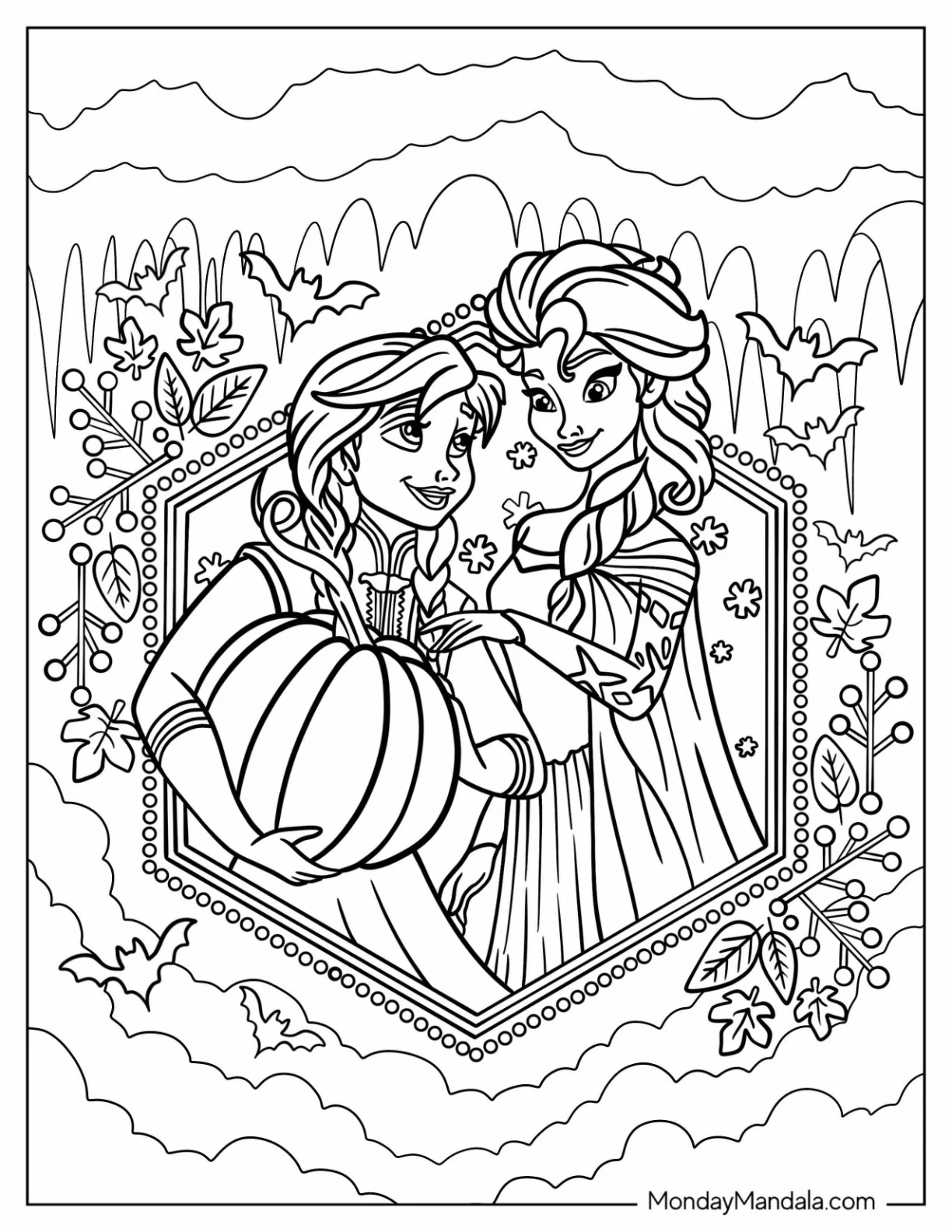 Anna And Elsa Holding A Pumpkin For Disney Thanksgiving Coloring Page coloring page — printable line art