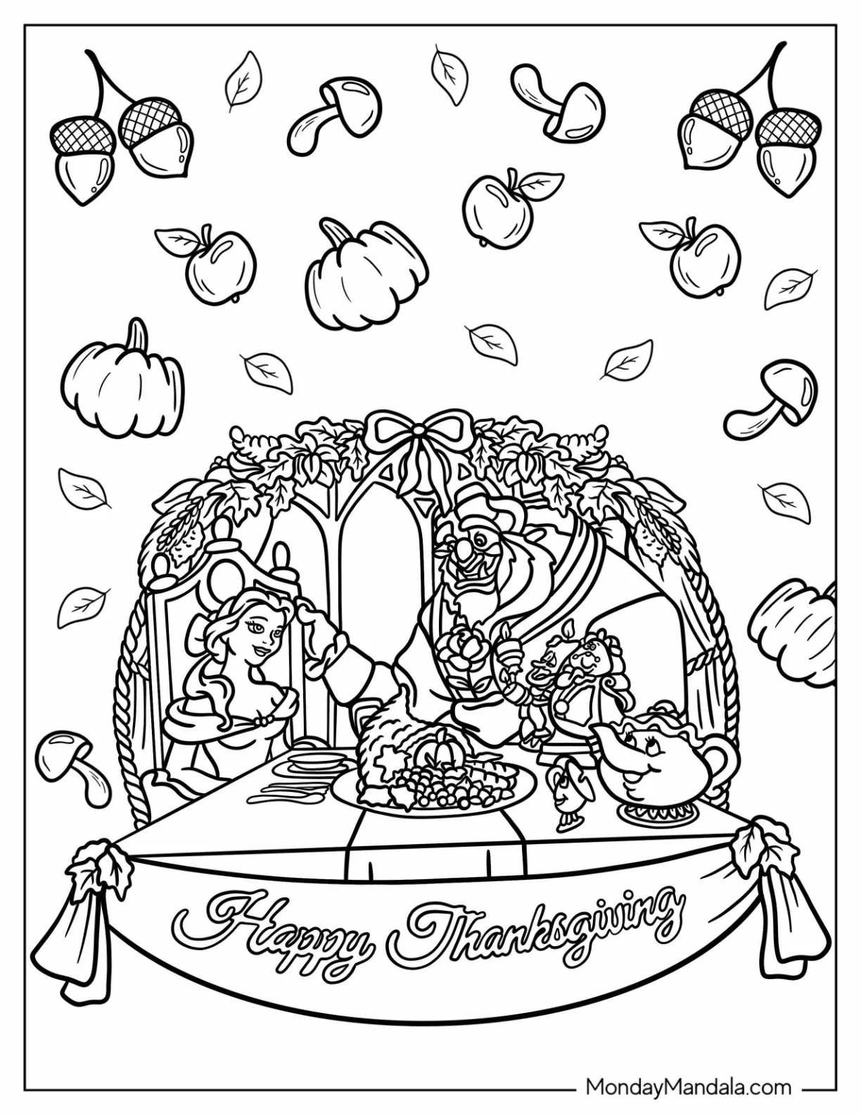 Beauty and the Beast Disney Thanksgiving Coloring Page Celebration coloring page — printable line art