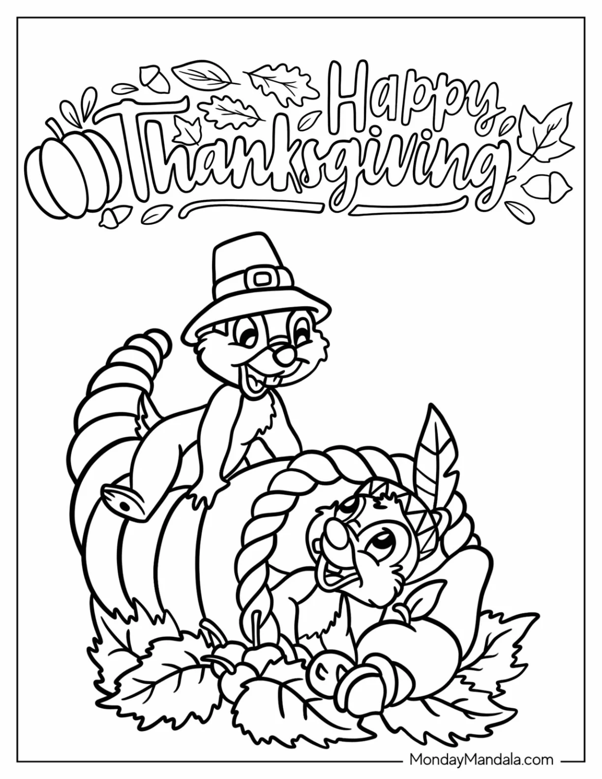 Chip And Dale In A Disney Thanksgiving Coloring Page Cornucopia coloring page — printable line art