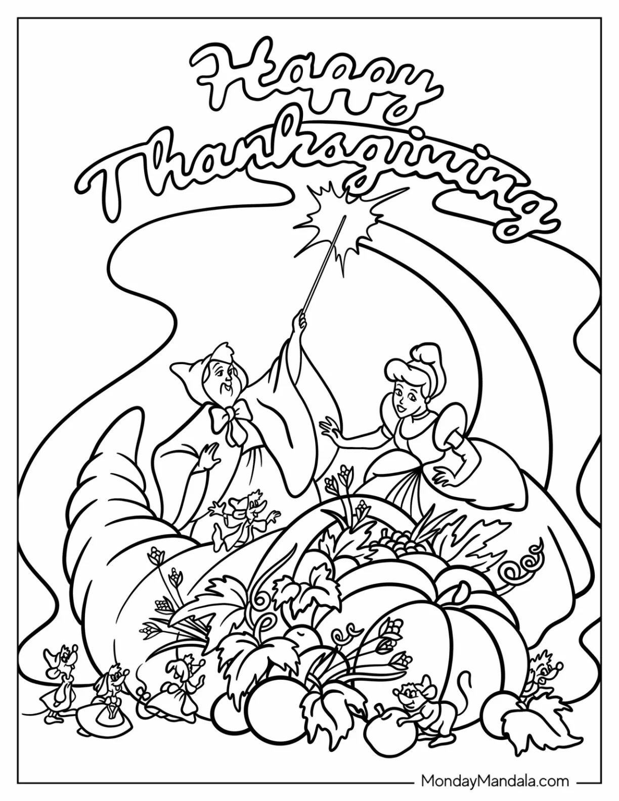 Cinderella And Fairy Godmother With Magical Disney Thanksgiving Coloring Page Cornucopia coloring page