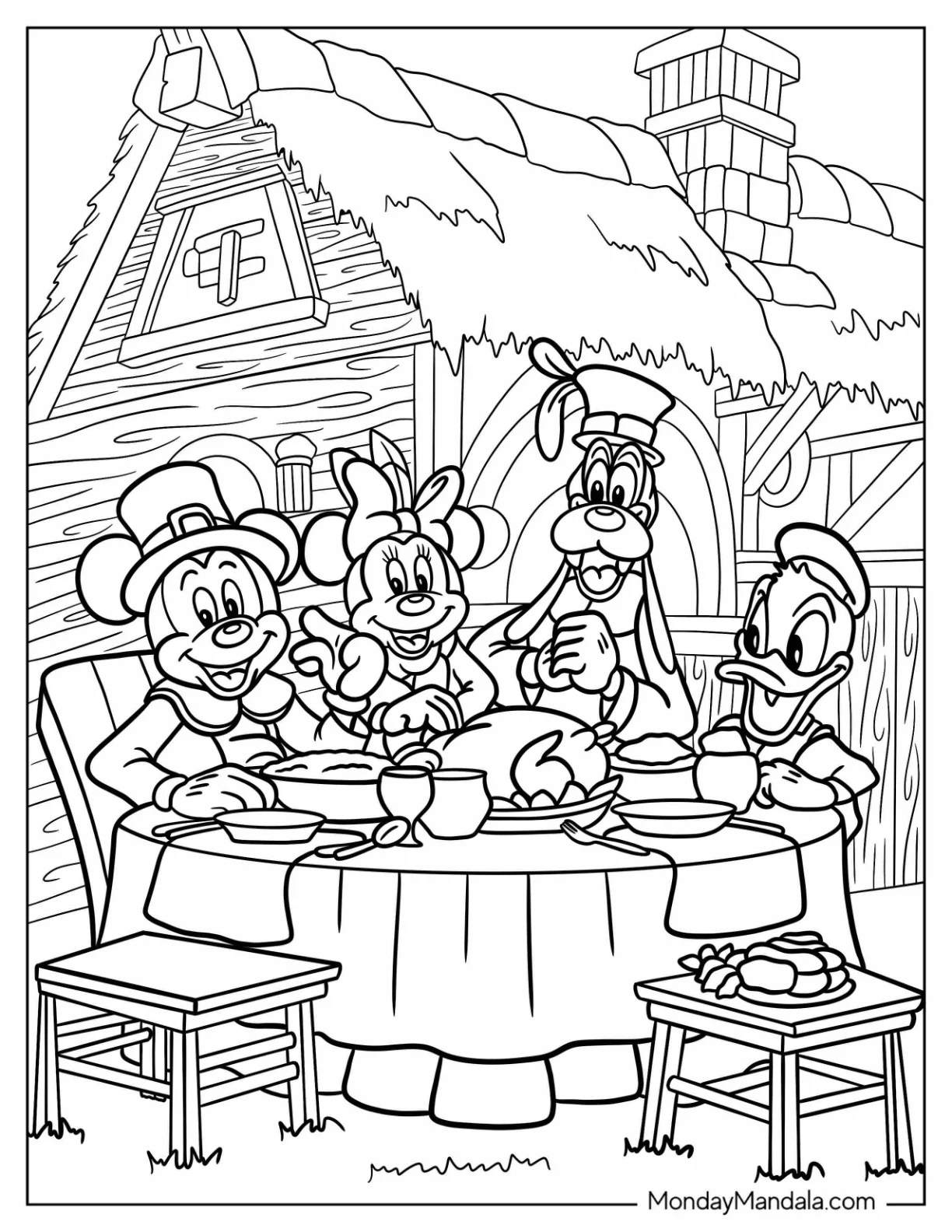 Disney Thanksgiving Coloring Page Of Donald Duck, Goofy, Mickey Mouse, And Minnie Mouse Eating Dinner Outdoors coloring page — printable line art