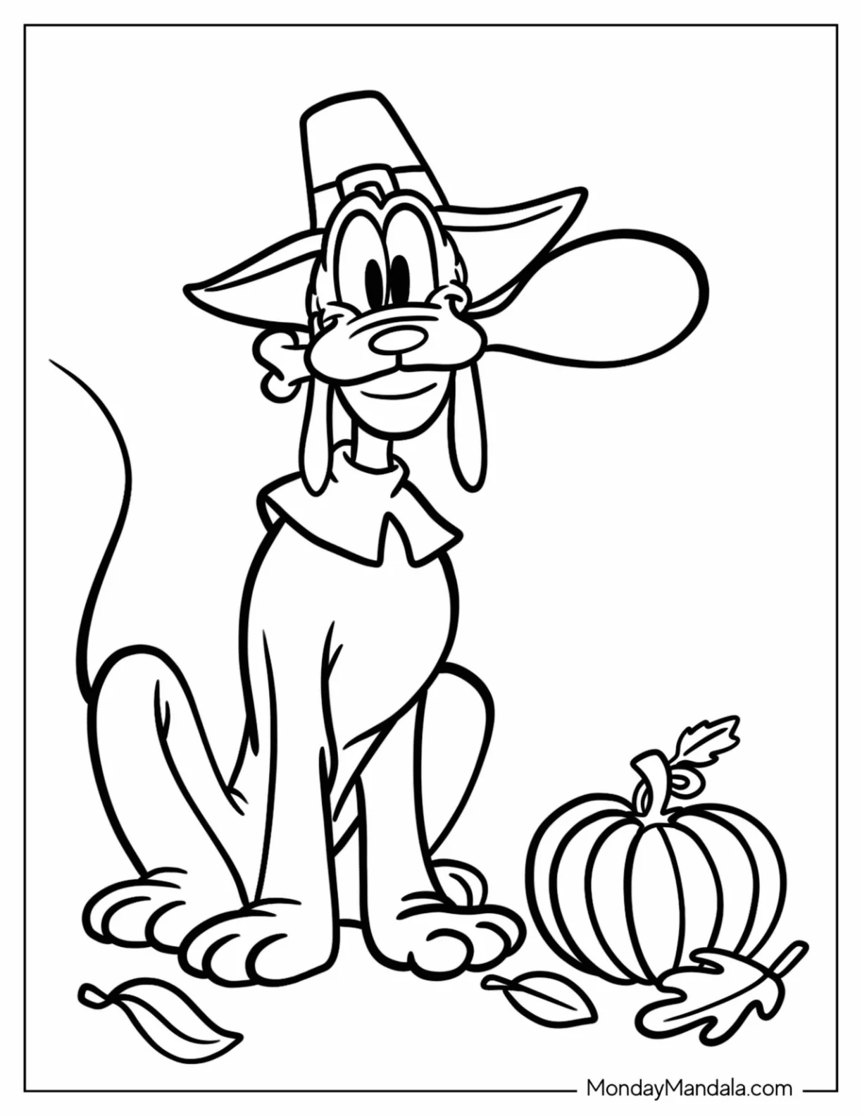 Disney Thanksgiving Coloring Page Of Goofy Wearing A Pilgrim's Hat Biting A Turkey Leg coloring page — printable line art